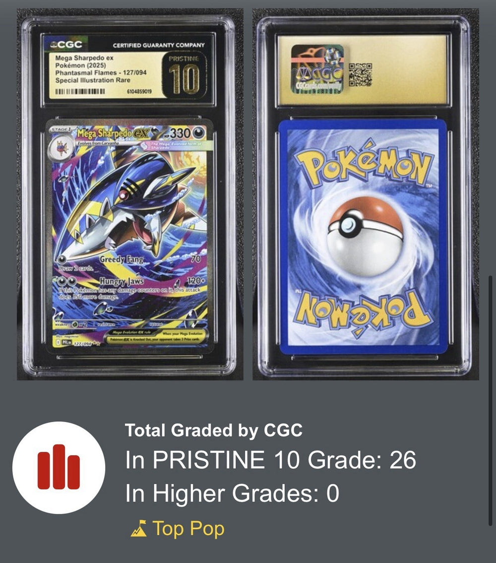 ‼️Mega Sharpedo ex #127 Phantasmal Flames GRADE 10 PRISTINE GOLD LABEL TOP POP💨