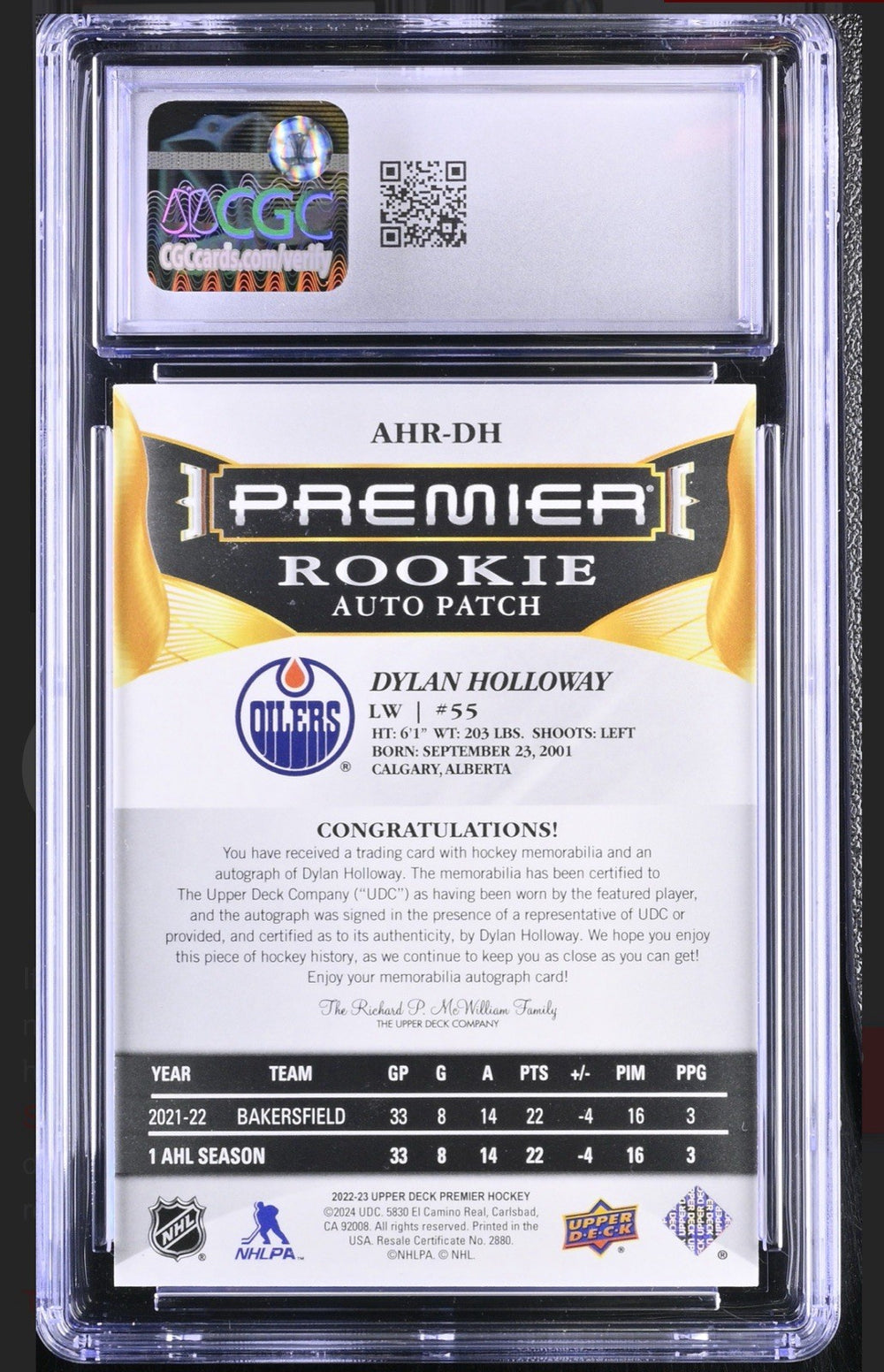 ‼️Dylan Holloway Auto Patch Horizontal ROOKIE GRADE 9 AUTO 10~POP 1~SHOOT OFFER