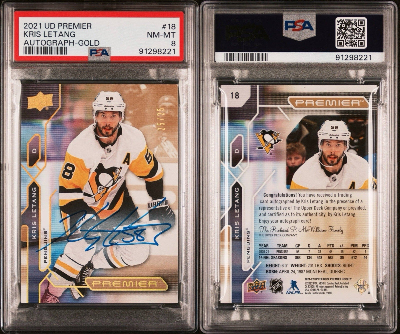 ‼️2021 UD PREMIER KRIS LETANG AUTOGRAPH GOLD 25/25~LOW POP PSA 8~SHOOT OFFER💨