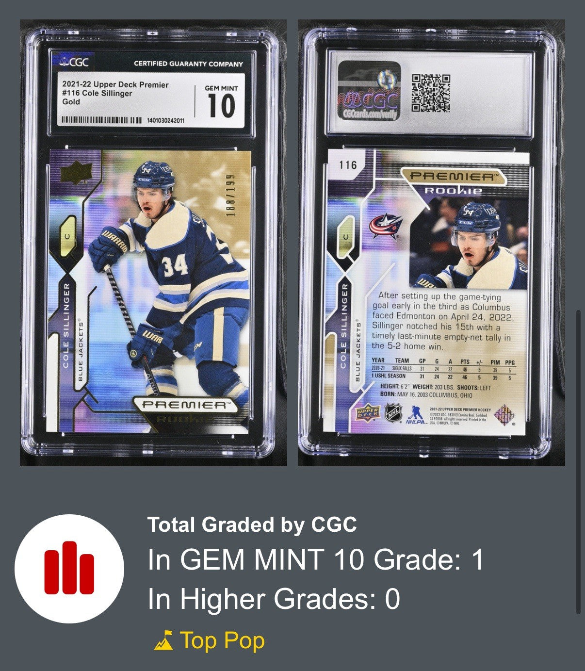 ‼️2021-22 UD Premier Rookies Cole Sillinger #116 Gold /199~POP 1~GRADE 10💨