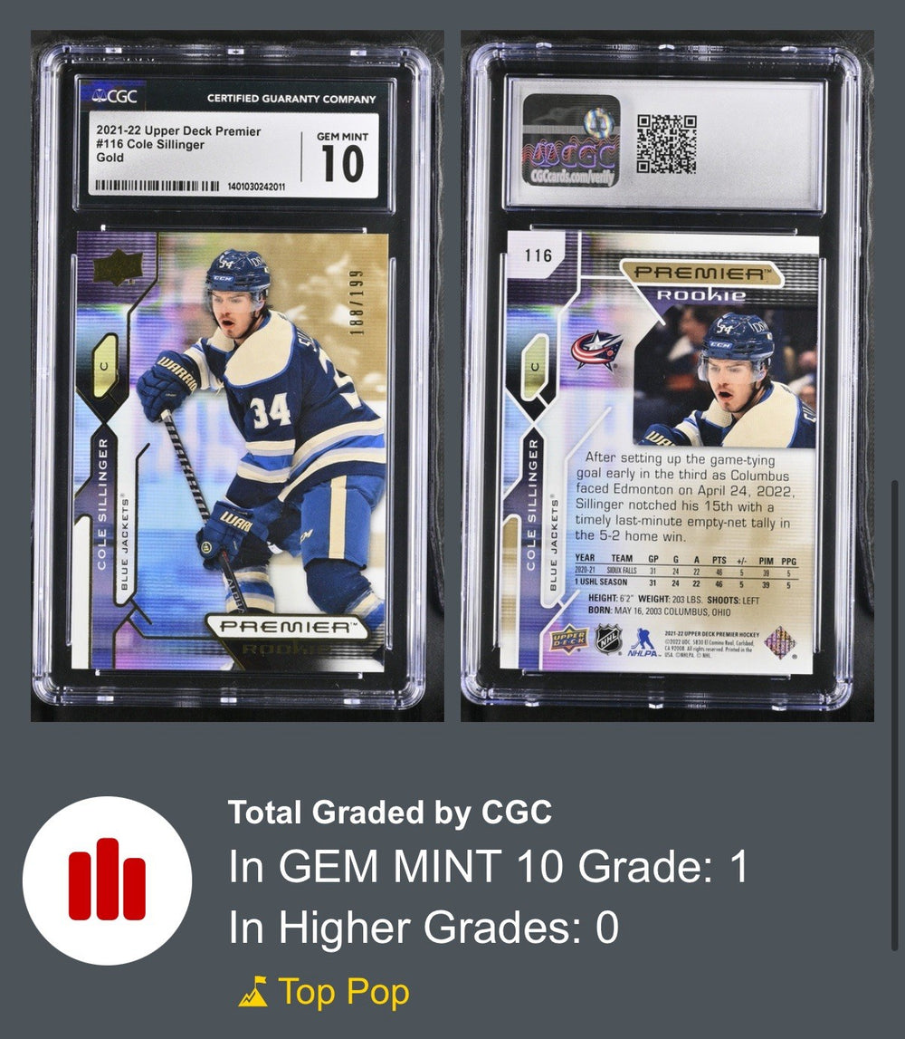 ‼️2021-22 UD Premier Rookies Cole Sillinger #116 Gold /199~POP 1~GRADE 10💨