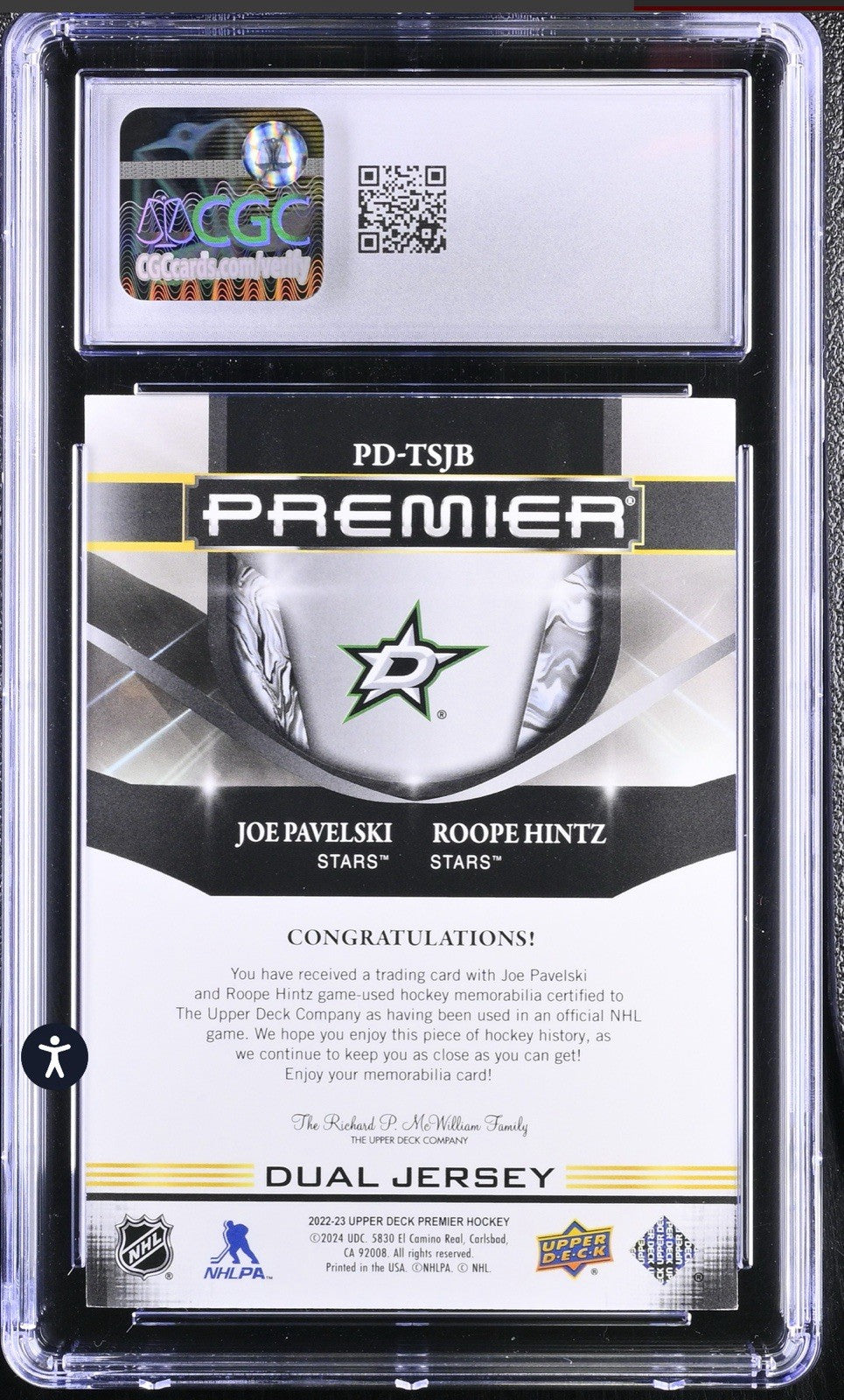 ‼️2022-23 UD Premier Dual Jerseys #PD-TSJB Joe Pavelski/Roope Hintz GRADED💨