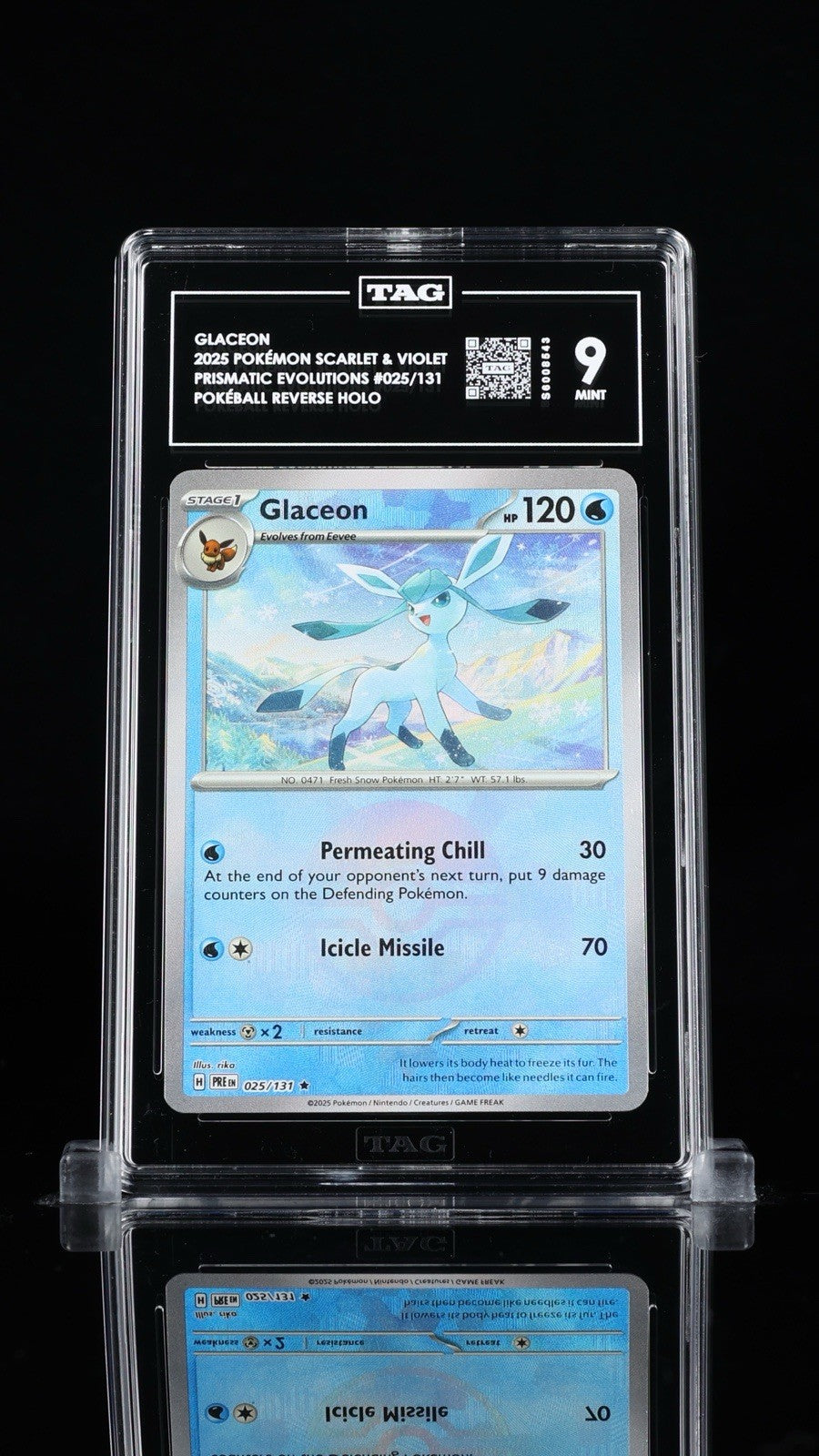 ‼️Glaceon 025/131 Sv: Prismatic Evolutions Holo TAG GRADE 9! SHIPS SAME DAY!💨