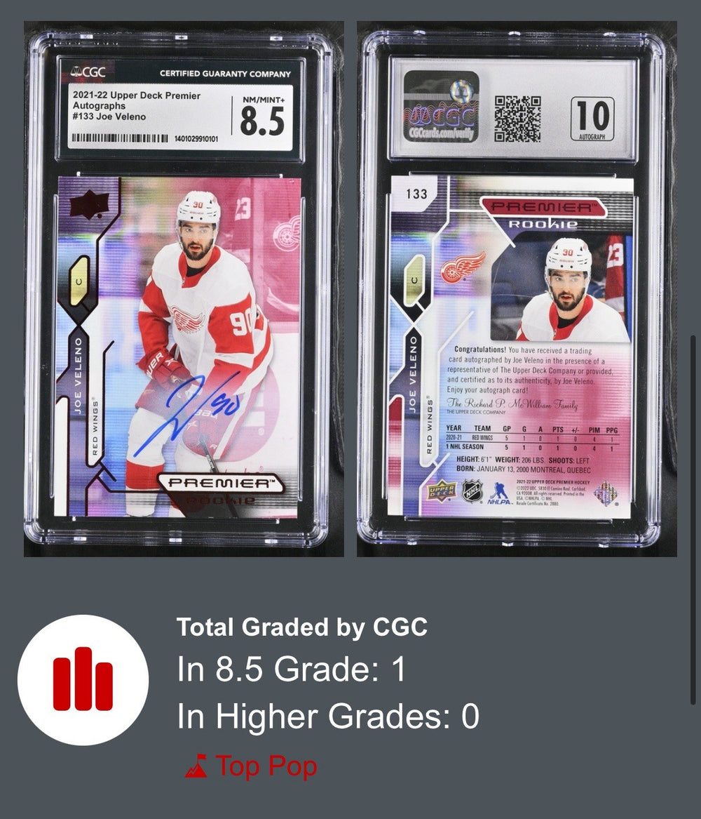 ‼️2021-22 Upper Deck Premier Rookies Joe Veleno #133~GRADE 8.5~AUTO 10~POP 1💨