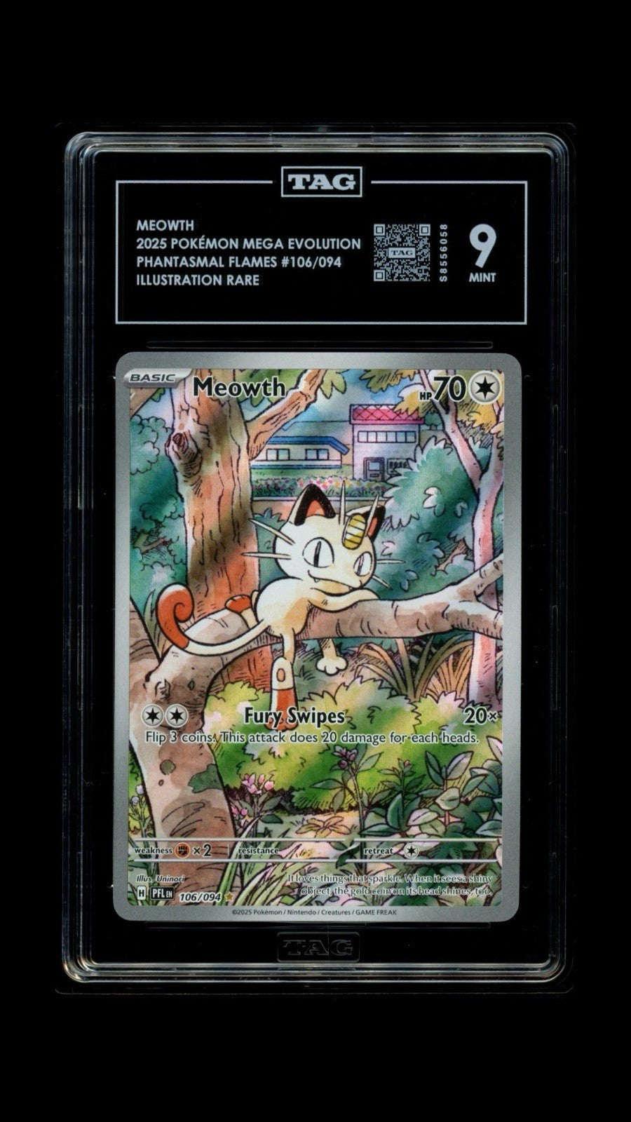 🔥 Pokemon Meowth #106 Phantasmal Flames Holo TAG GRADE 9! SAME DAY SHIP!💨