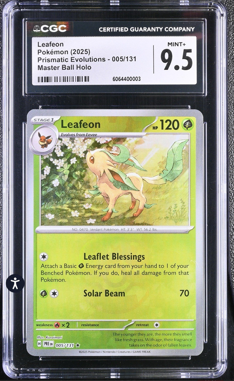 ‼️Leafeon (Master Ball Pattern) 005/131 Prismatic Evolutions GRADE 9.5!💨