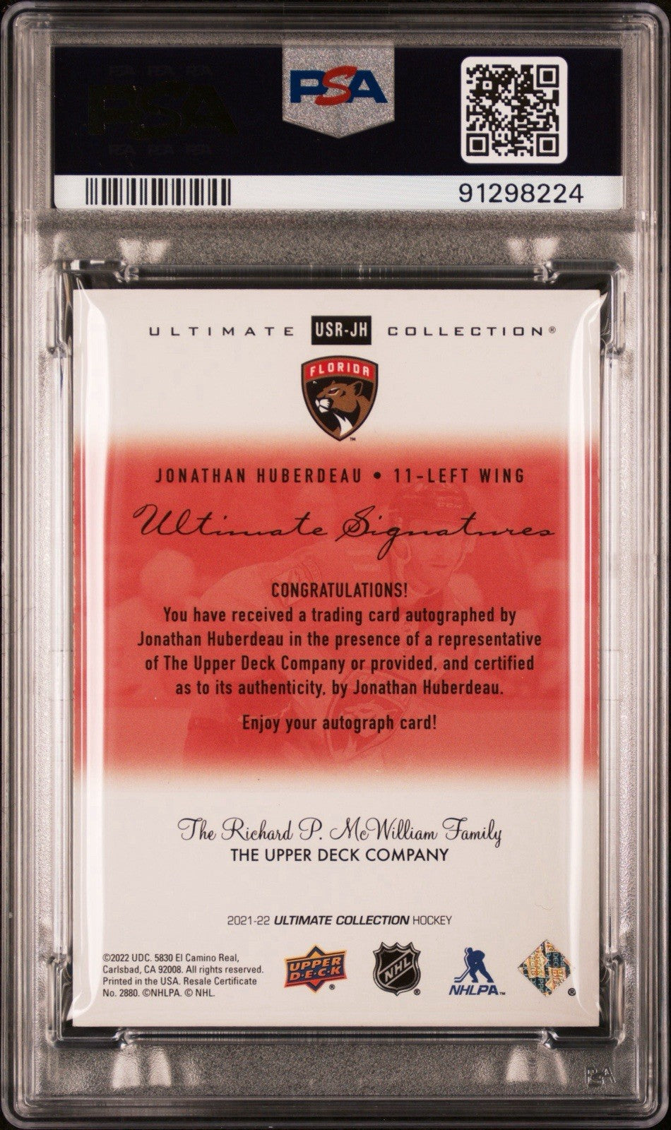 ‼️2021 UD ULTIMATE COLLECTION Jonathan Huberdeau SIGNATURES PSA 10~SHOOT OFFER💨