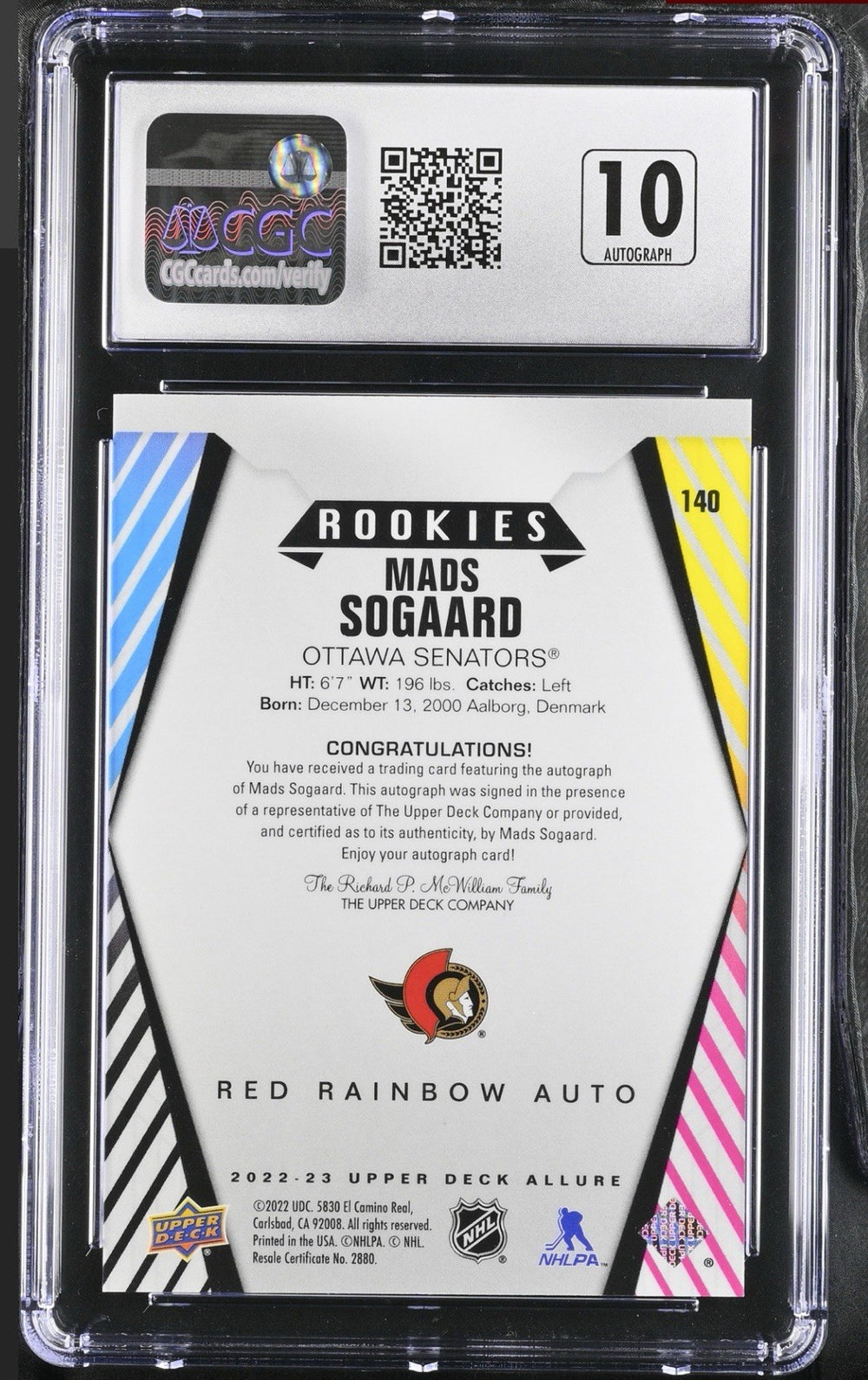 ‼️2022-23 UD Allure Rookies Mads Sogaard #140 Red Rainbow GRADE 10~AUTO 10!💨