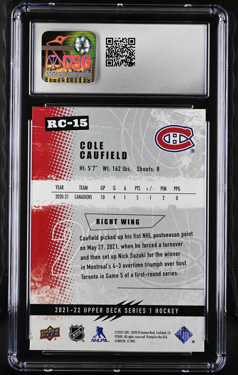 ‼️2021-22 Upper Deck Rookie Class #RC-15 Cole Caufield GRADE 10! SHIPS FAST💨