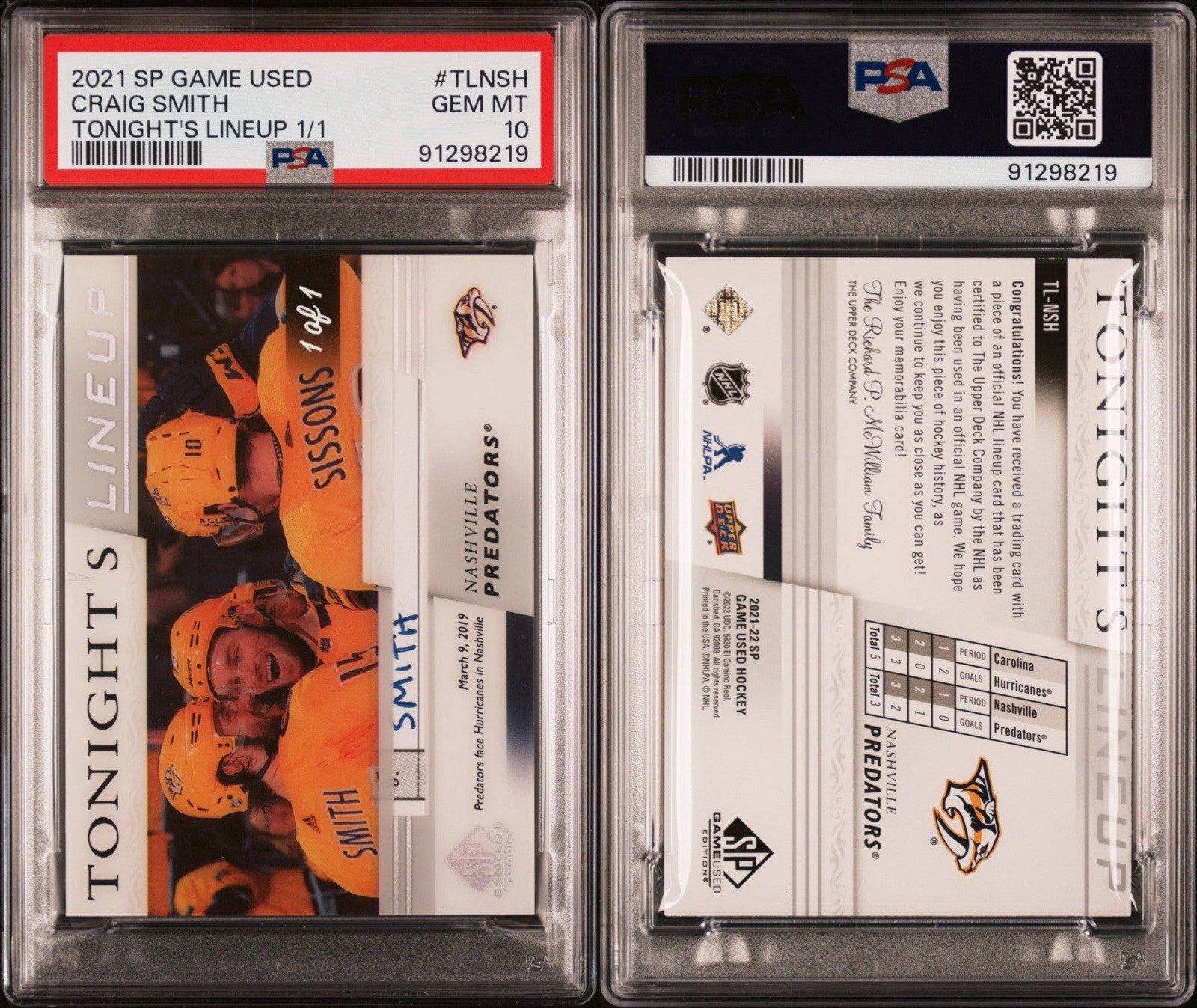 ‼️2021-22 UD SP Game Used - Tonight's Lineup Craig Smith~ 1 OF 1 ~ GRADE 10!💨