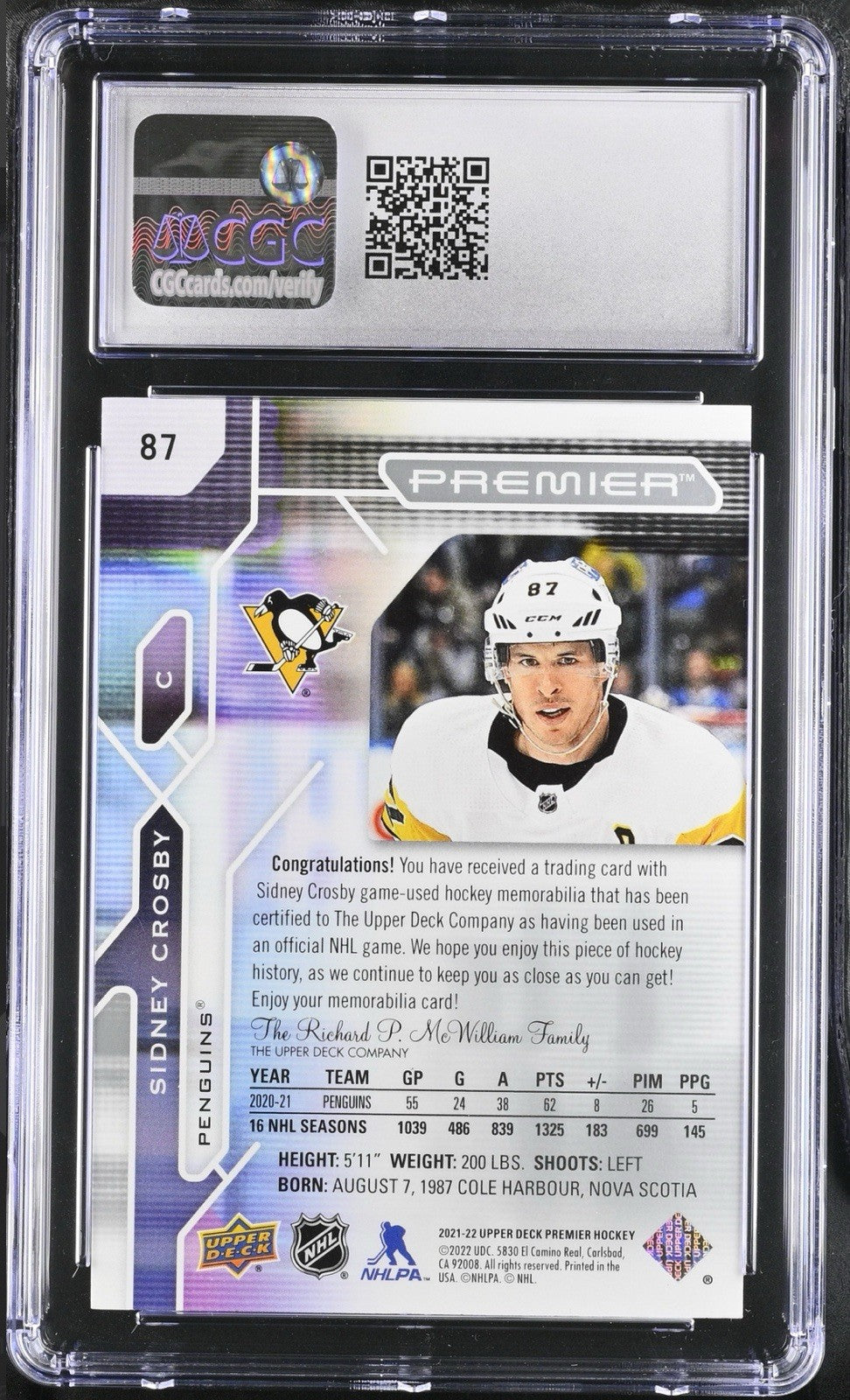 ‼️2021-22 Upper Deck Premier Premium JERSEY #87 Sidney Crosby GRADE 9.5~POP 1💨