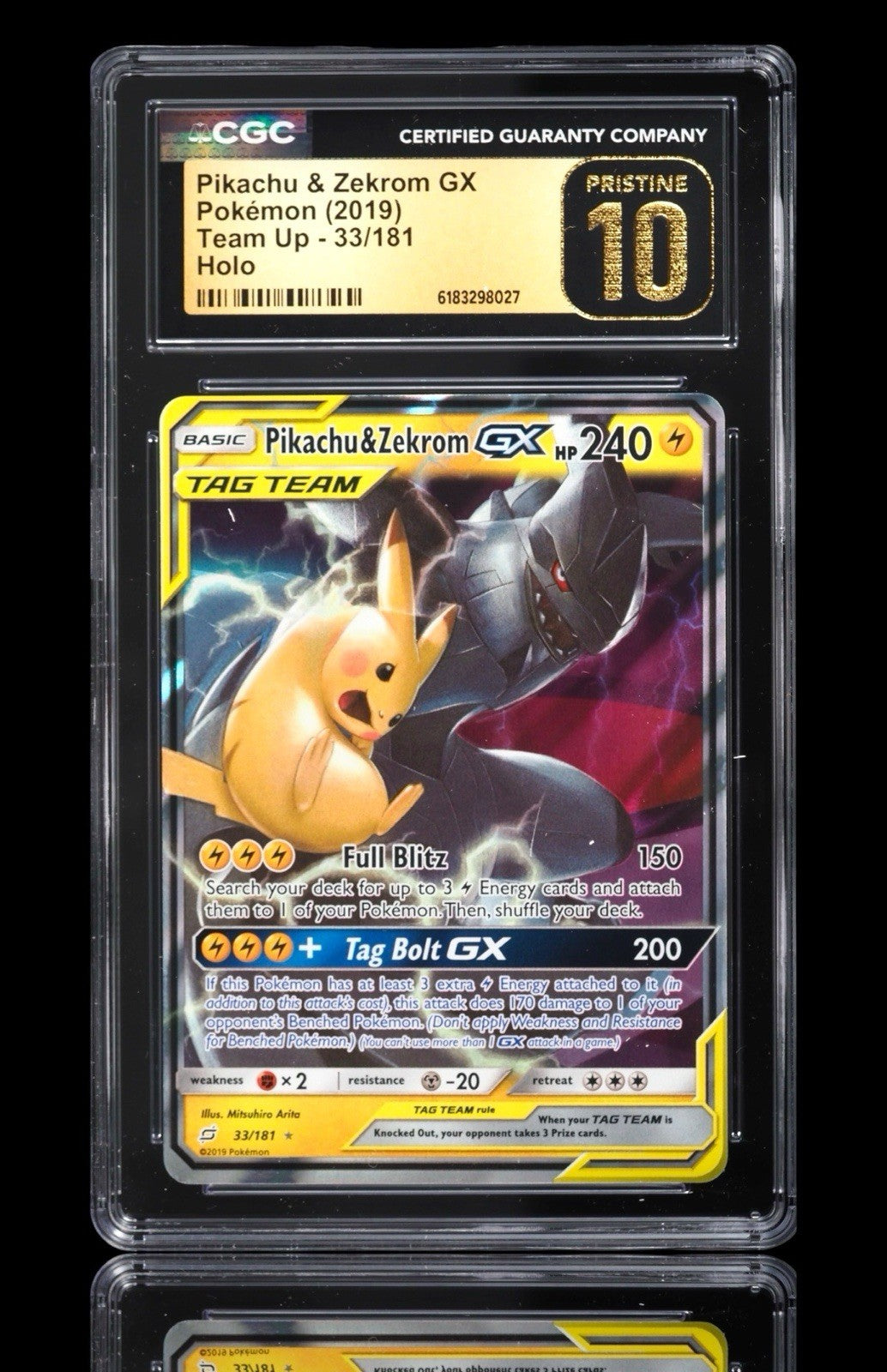 🔥 Pikachu & Zekrom GX #33 Pokemon Team Up Holo~PRISTINE 10 GOLD LABEL TOP POP💨