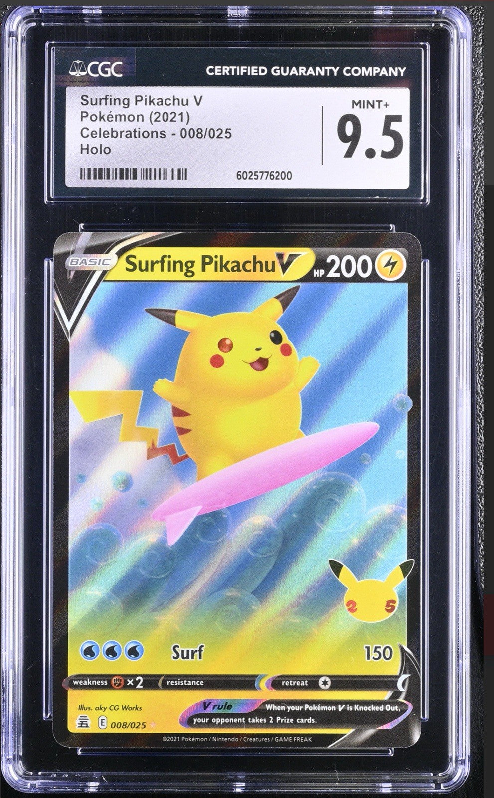 ‼️Pokemon Surfing Pikachu V 008/025 Celebrations Holo GRADE 9.5~FAST SHIPPING💨