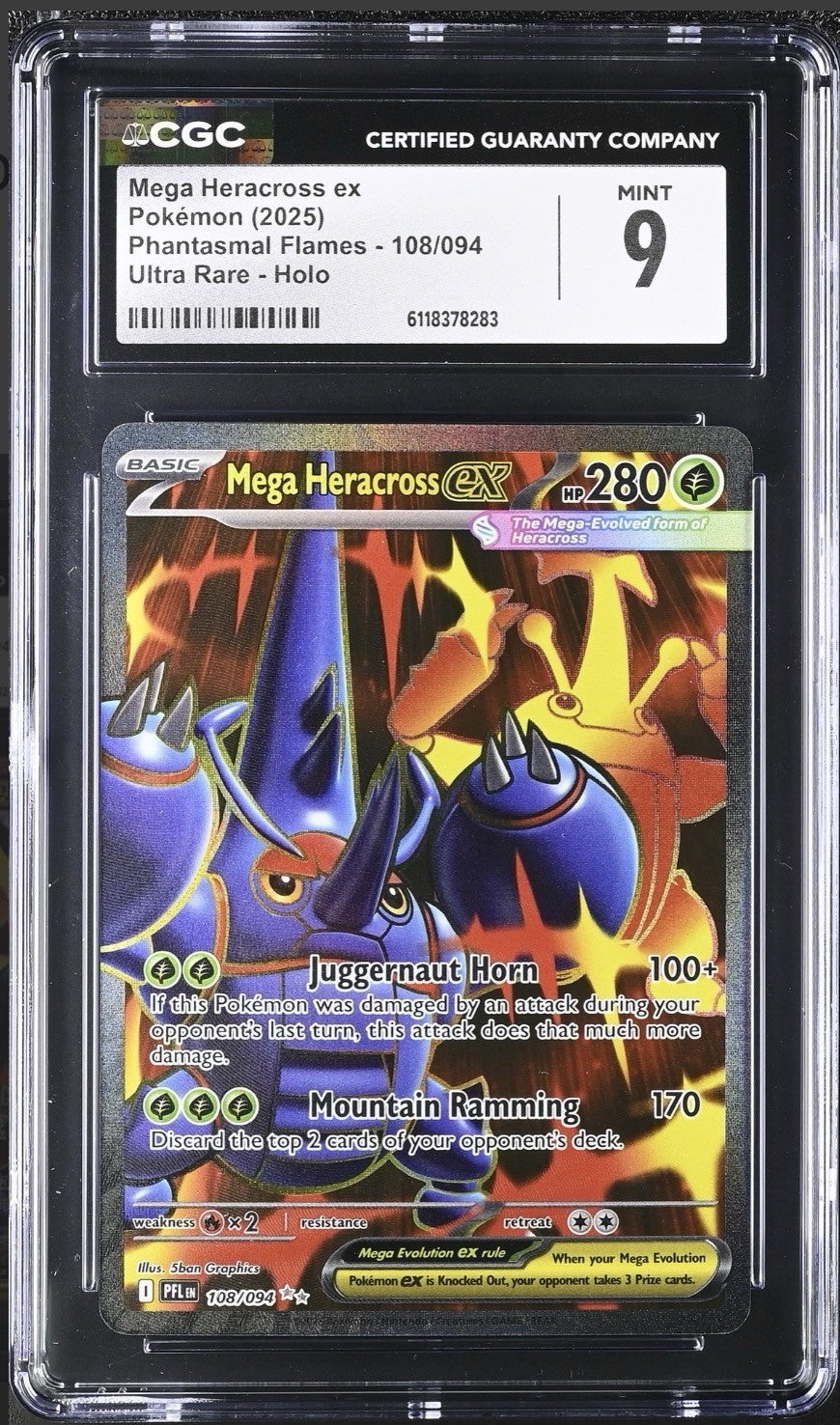 🔥Mega Heracross ex 108 Phantasmal Flames Holo GRADE 9! SAME DAY SHIP~OFFER UP💨