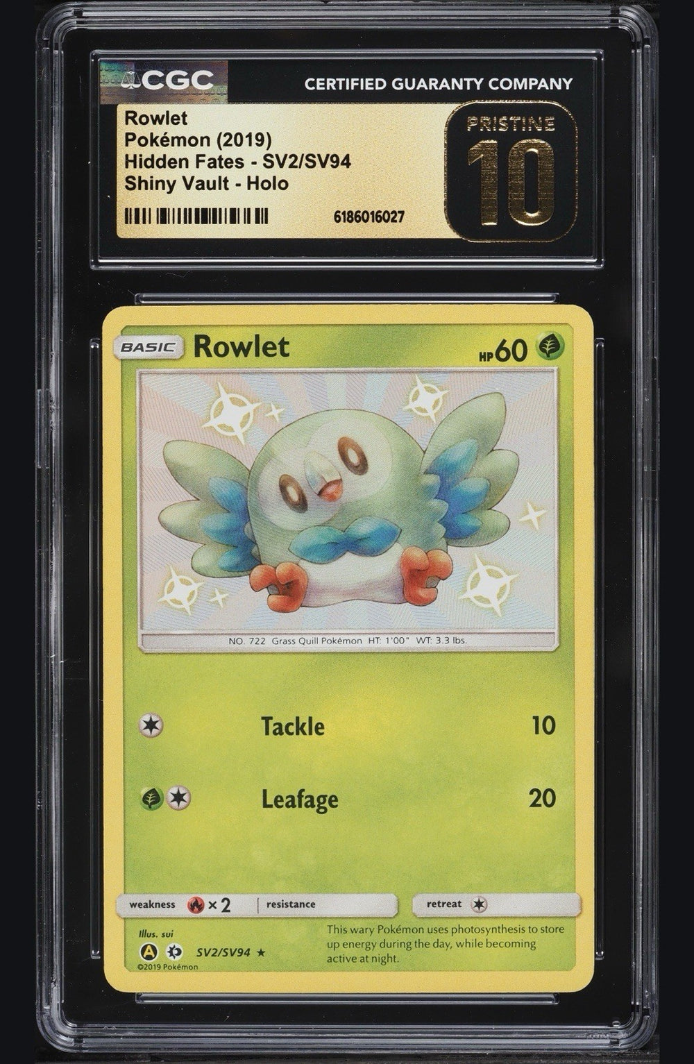 💚 Rowlet SV2 Hidden Fates Shiny Vault Holo~PRISTINE 10 GOLD LABEL LOW POP💨