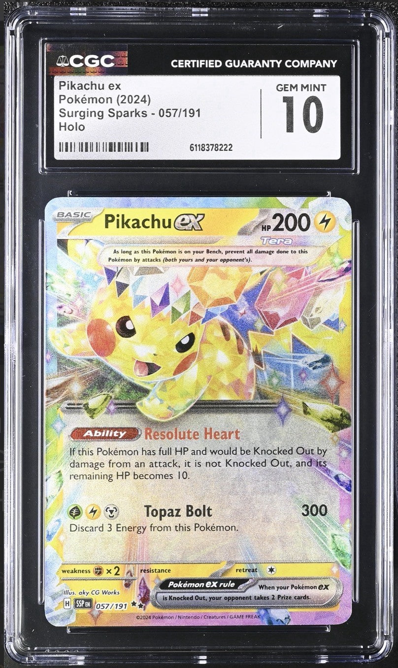 🔥 Pikachu ex 057/191 Surging Sparks Holo GRADE 10! SAME DAY SHIP SHOOT OFFER💨