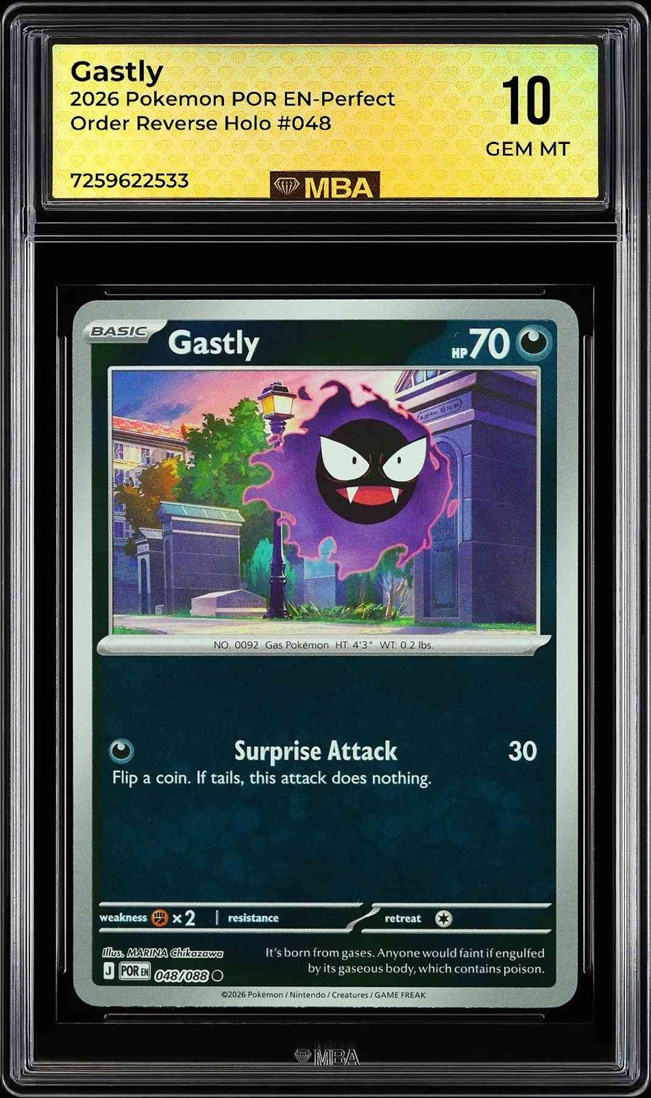 ⚠️ Gastly 048/088 Pokemon Perfect Order Reverse Holo~MBA GRADE 10~SHOOT OFFER💨