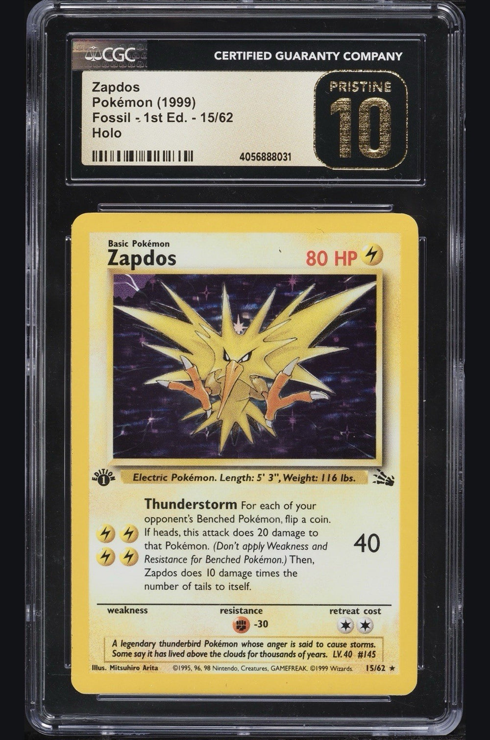 ⚠️ Zapdos 15/62 Pokemon Fossil Holo 1st Ed~ PRISTINE 10 GOLD LABEL TOP POP 11!💨