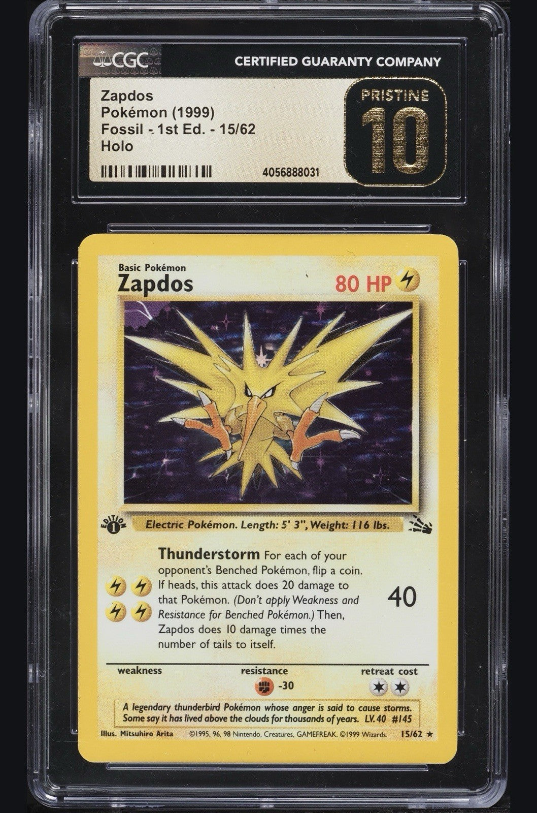 ⚠️ Zapdos 15/62 Pokemon Fossil Holo 1st Ed~ PRISTINE 10 GOLD LABEL TOP POP 11!💨