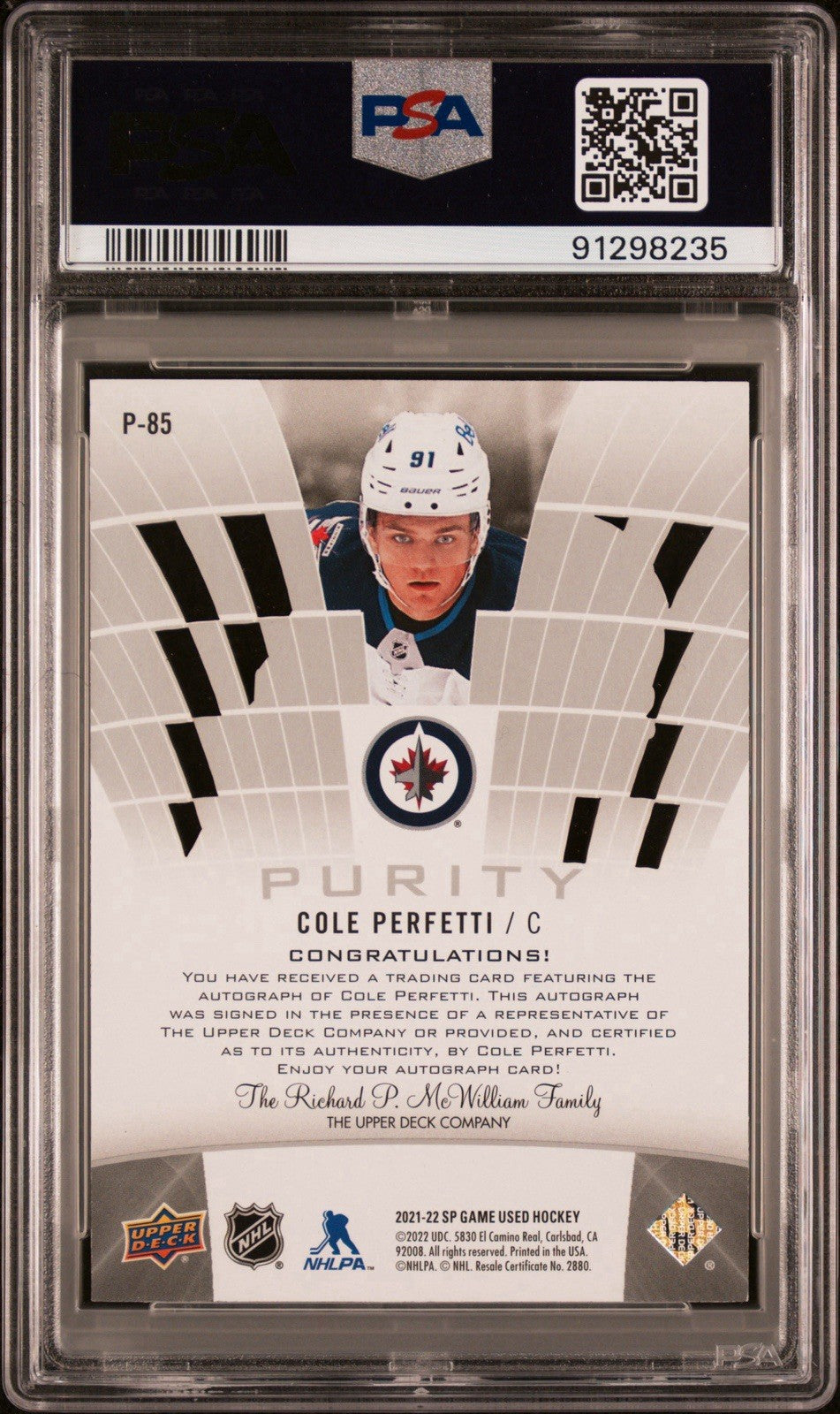 ‼️2021 Upper Deck SP Game Used - Purity Rookies Cole Perfetti #P-85 Auto PSA 9💨