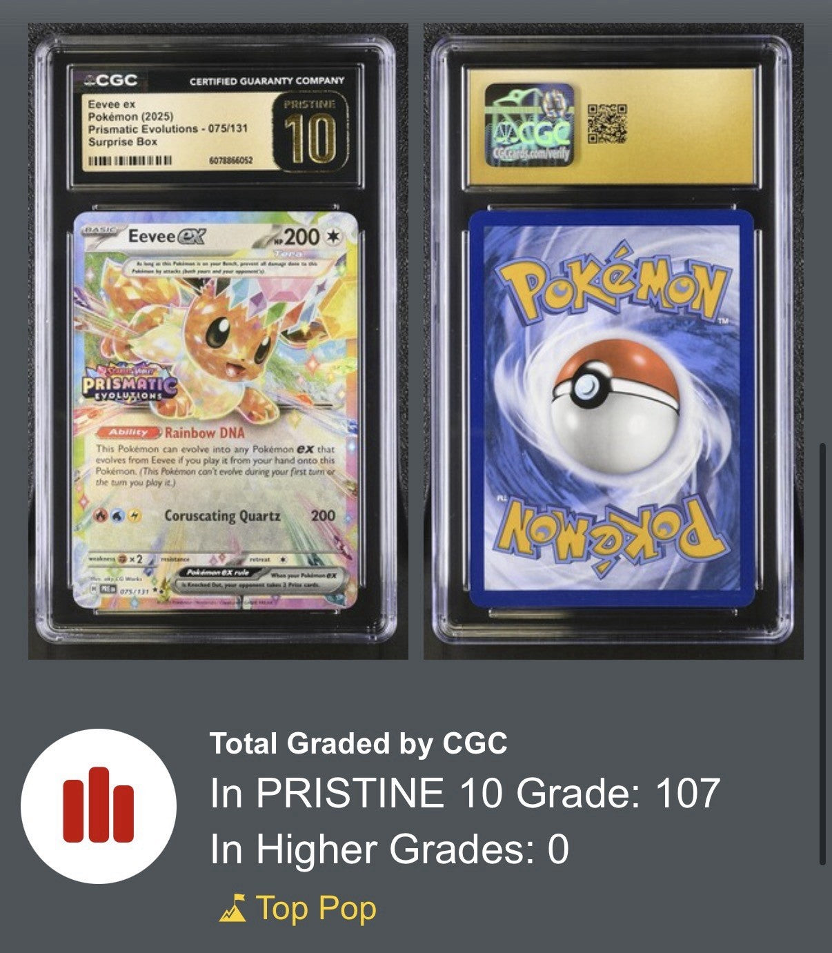 💎Eevee ex Prismatic Evolutions Stamp 075/131~ GRADE 10 PRISTINE GOLD LABEL!💨