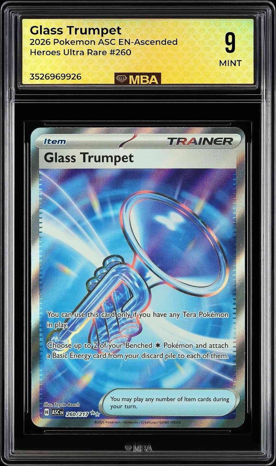 ⚠️Glass Trumpet 260/217 Ascended Heroes Holo~ MBA GRADE 9~ FAST SHIP SHOOT OFFER