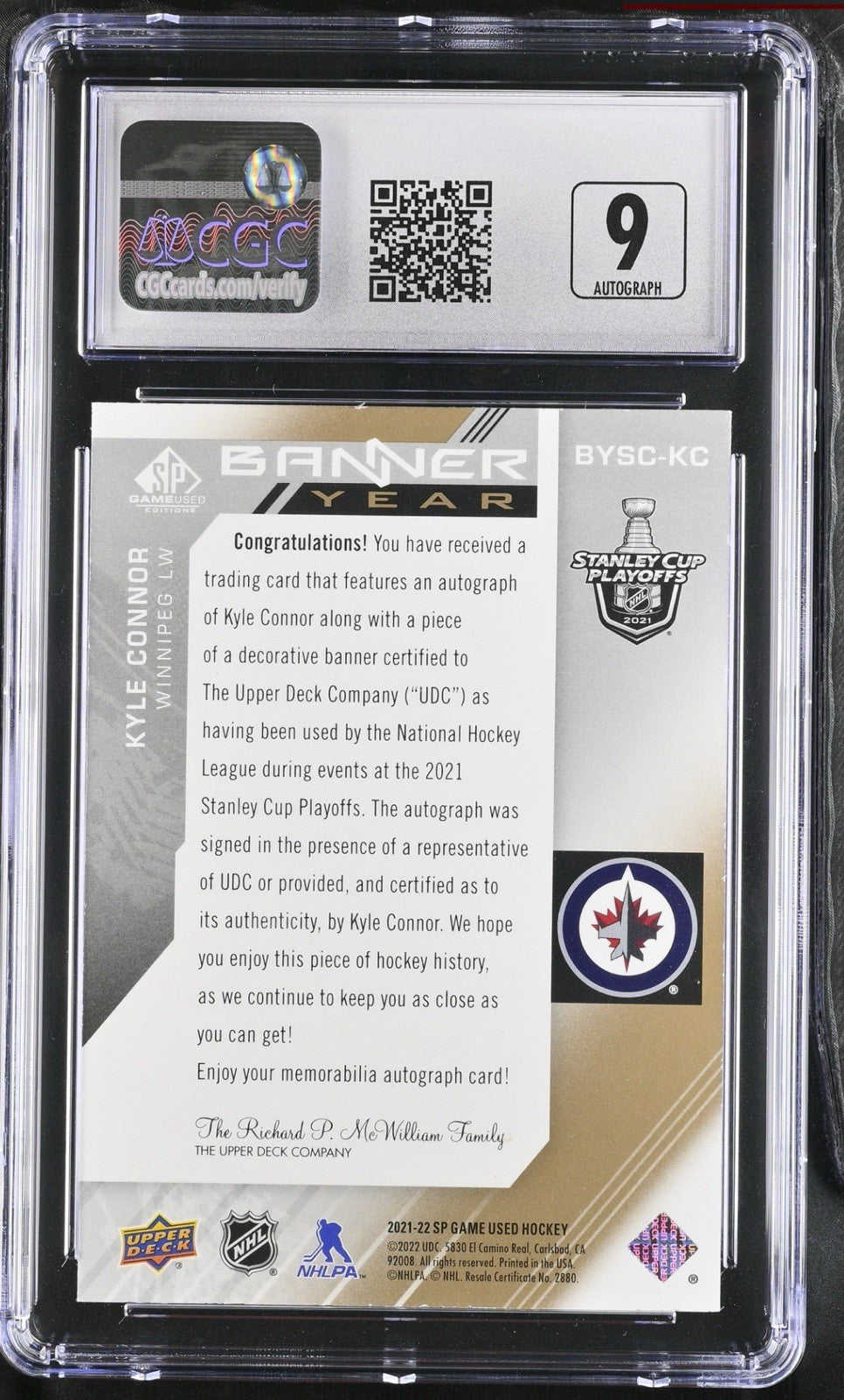 ‼️2021 SP Game Used Banner Year Stanley Cup Relic Auto Kyle Connor CGC 9~POP 1💨