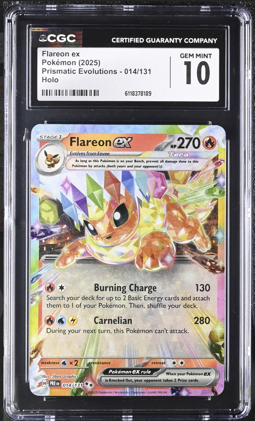 🔥Pokemon Flareon ex 014/131 Prismatic Evolutions Holo GRADE 10! SAME DAY SHIP💨