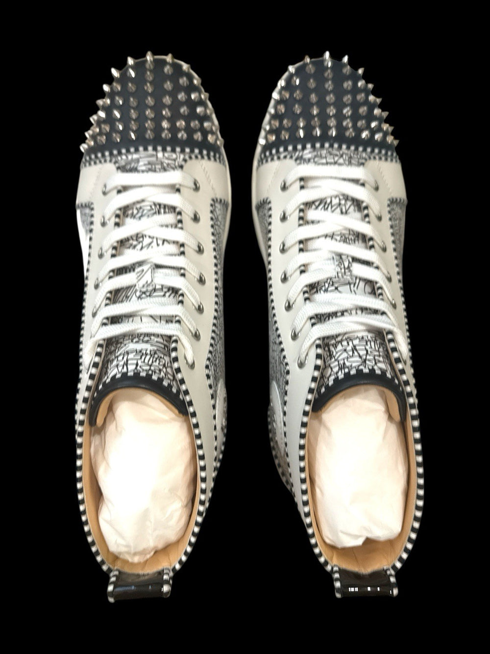 🚨CHRISTIAN LOUBOUTIN~LOU SPIKES ORLATO FLAT HIGH TOP RARE BLACK & WHITE SZ 47💨
