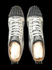 🚨CHRISTIAN LOUBOUTIN~LOU SPIKES ORLATO FLAT HIGH TOP RARE BLACK & WHITE SZ 47💨