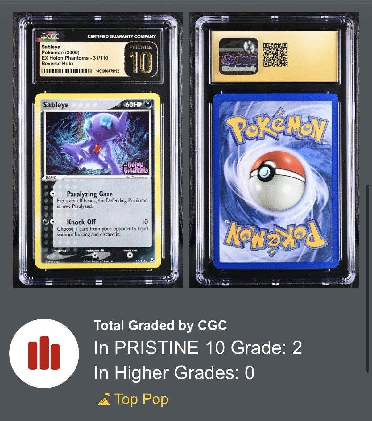 💎 Sableye #31 Holon Phantoms Reverse Holo GRADE 10 PRISTINE GOLD LABEL POP 2💨