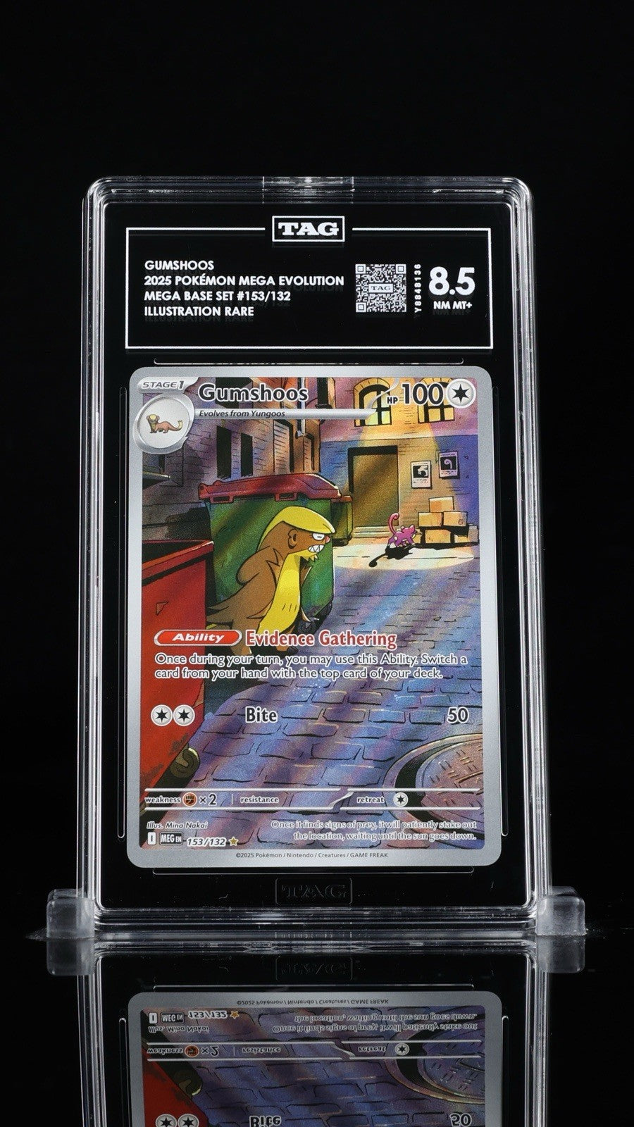 ‼️Gumshoos 153/132: Mega Evolution TAG GRADE 8.5! FAST SHIP~SHOOT OFFER!💨