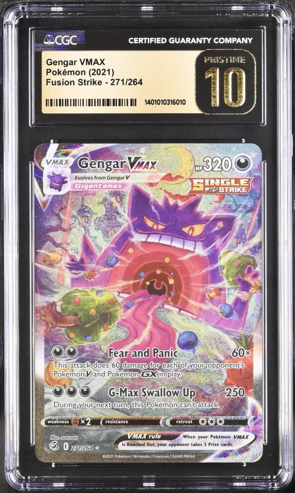 💎 Pokemon Gengar VMAX #271 Fusion Strike Holo GRADE 10 PRISTINE GOLD LABEL!💨