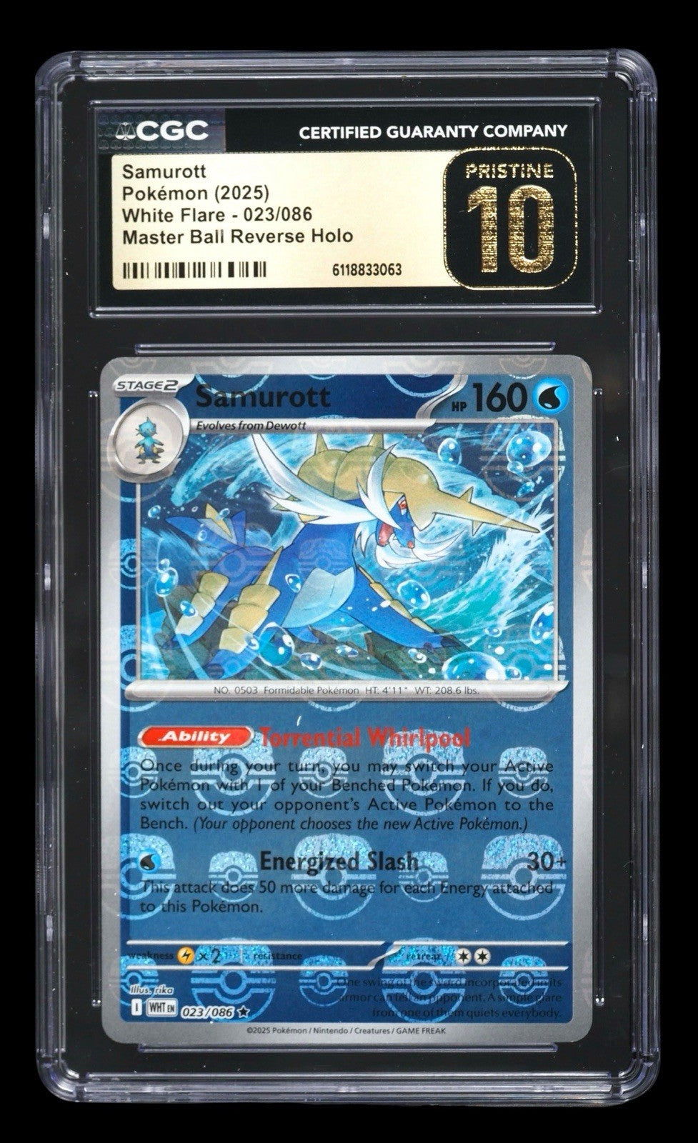 💎Samurott #023 Pokemon White Flare Master Ball GRADE 10 PRISTINE GOLD LABEL TOP