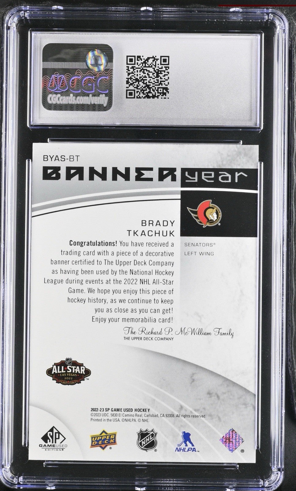 ‼️2022 UD SP Game Used~2022 Nhl All-Star Game Banner Year Relics Brady Tkachuk💨