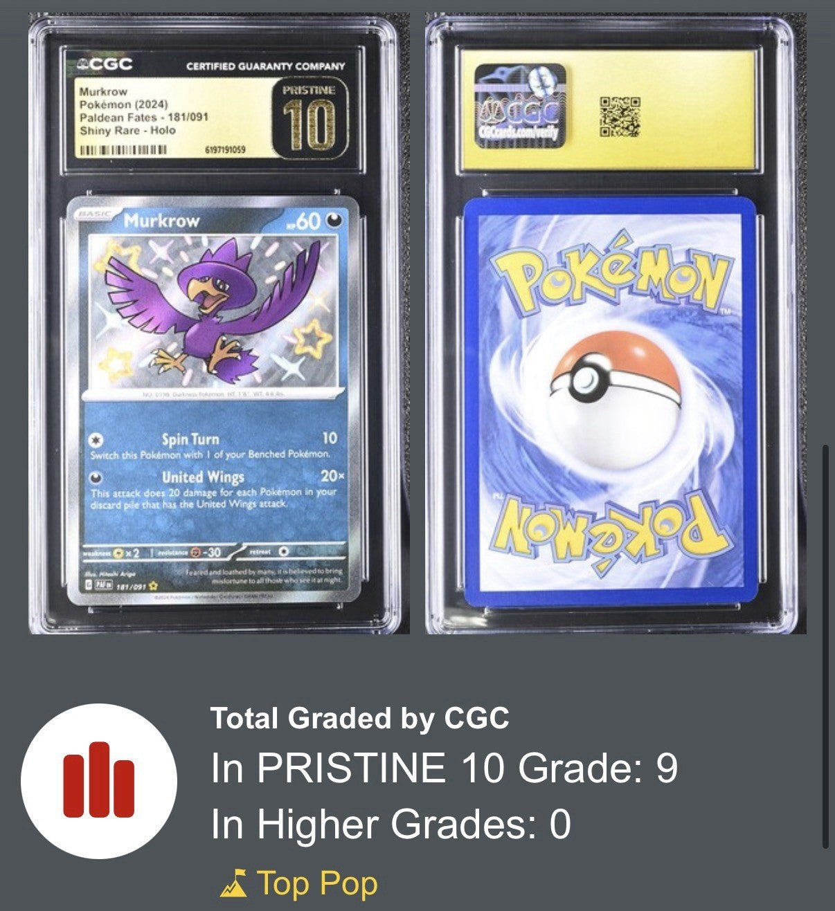 ⚠️ Murkrow 181/091 Paldean Fates Baby Shiny~PRISTINE 10 GOLD LABEL TOP POP 9!💨