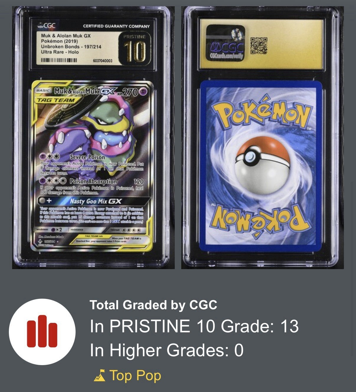 💎Pokemon Muk & Alolan Muk GX #197 Unbroken Bonds GRADE 10 PRISTINE GOLD LABEL💨