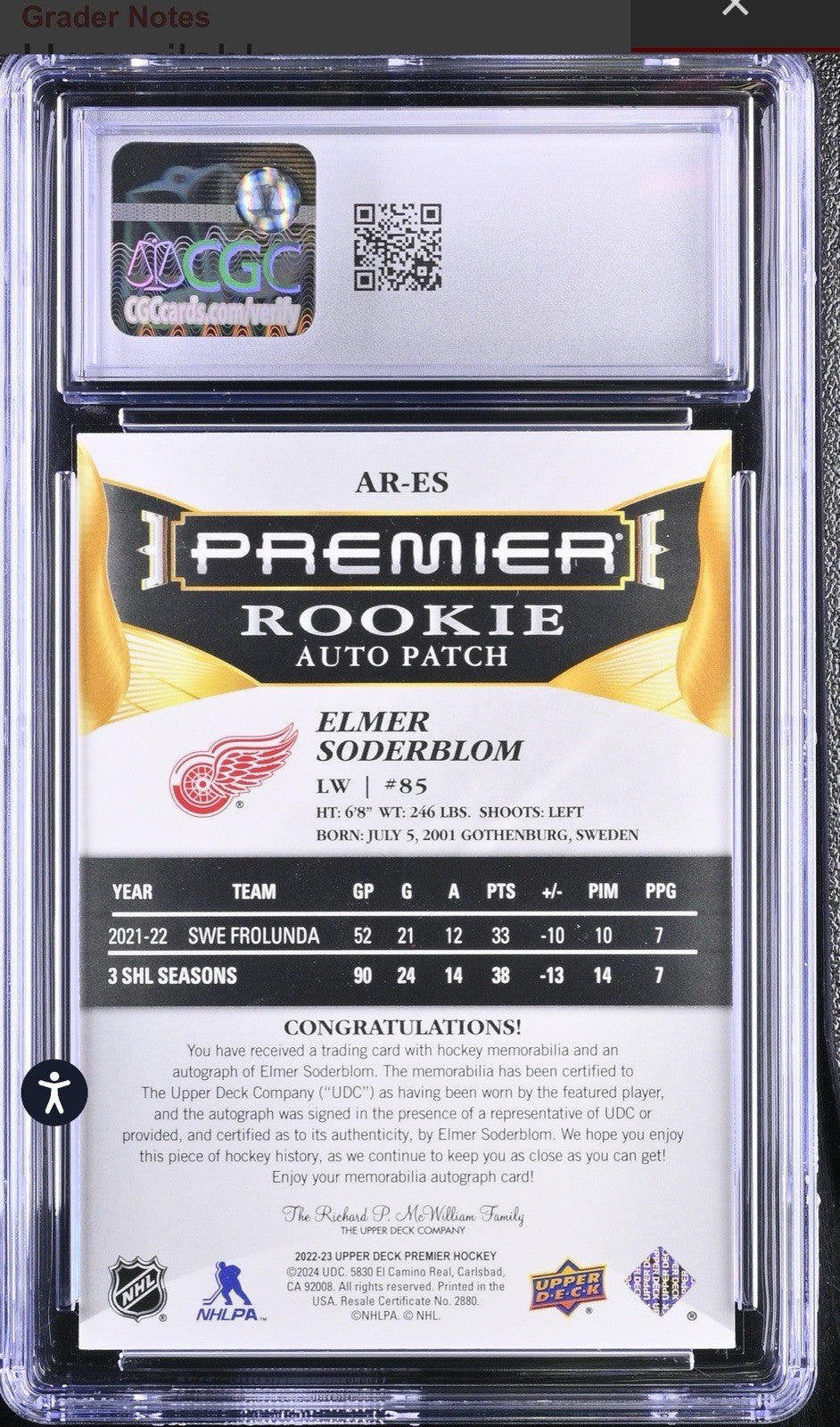 ‼️2022-23 UD Premier Acetate Rookie Autograph Patches Elmer Soderblom GRADED💨