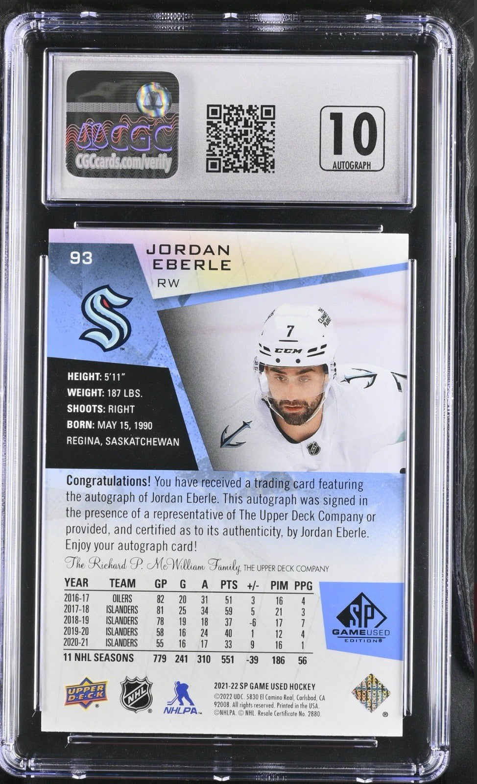 ‼️2021-22 SP Game Used Autograph #93 Jordan Eberle Blue GRADE 10~AUTO 10~POP 1💨