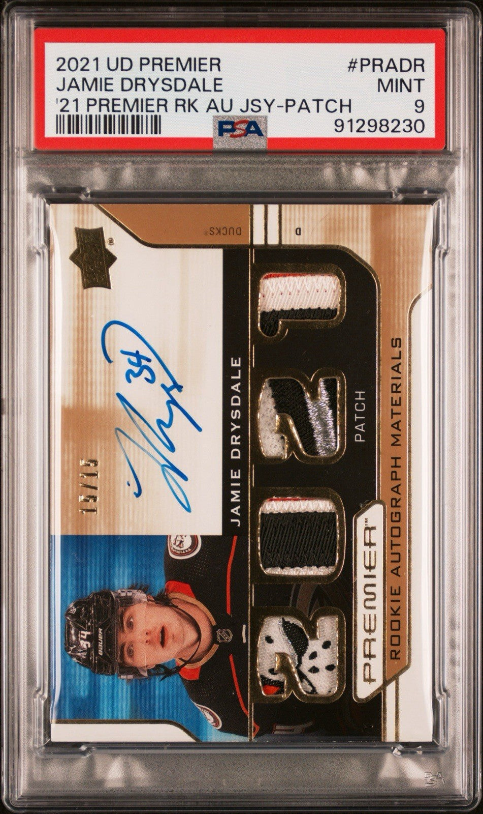‼️2021 UD PREMIER JAMIE DRYSDALE ROOKIE PATCH PSA 9~POP 1~SHOOT OFFER~15/15💨