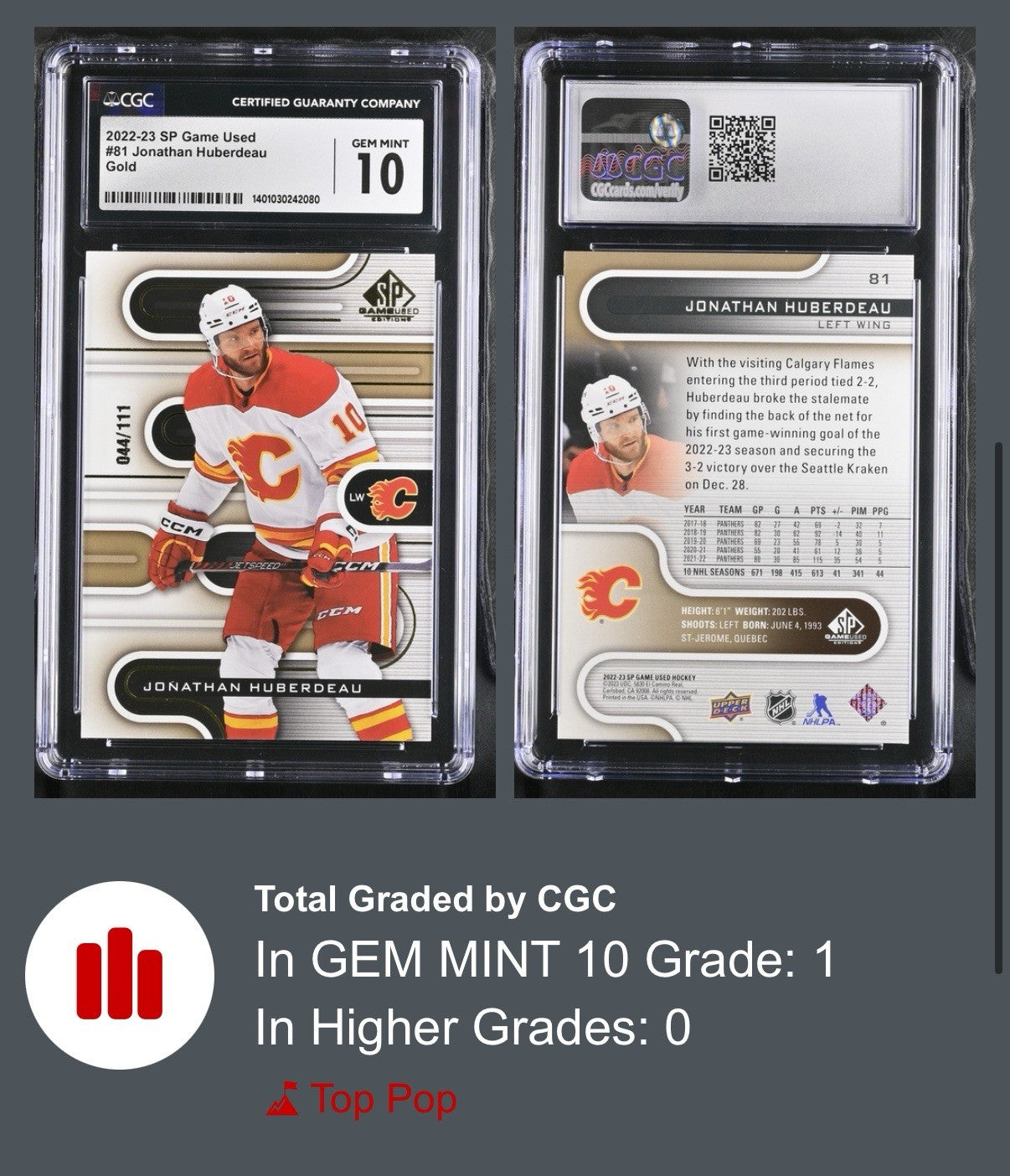‼️2022-23 Upper Deck SP Game Used - Jonathan Huberdeau #81 Gold GRADE 10~POP 1💨