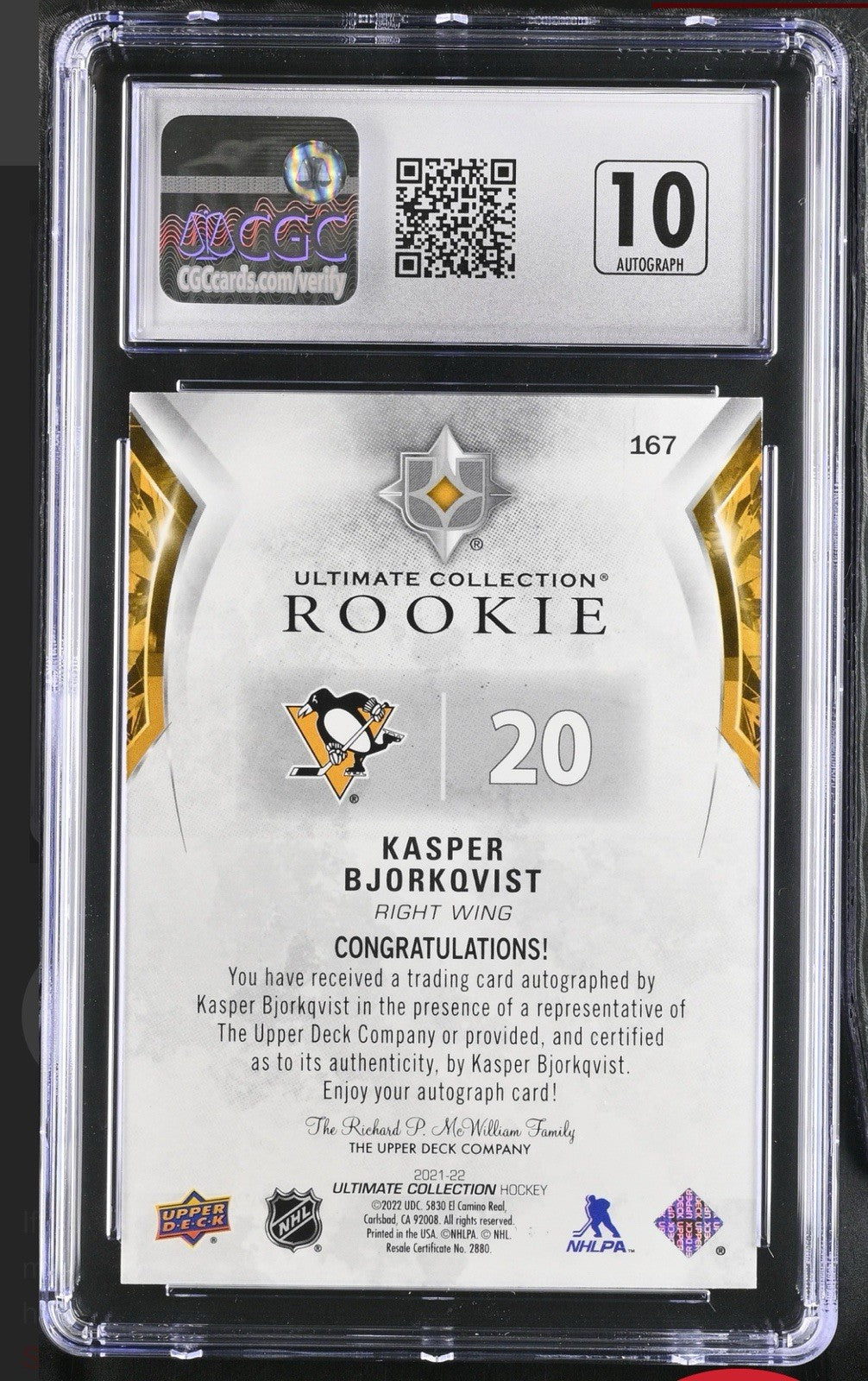 2021-22 UD Ultimate Collection Ultimate Rookies Kasper Bjorkqvist #167~AUTO 10💨