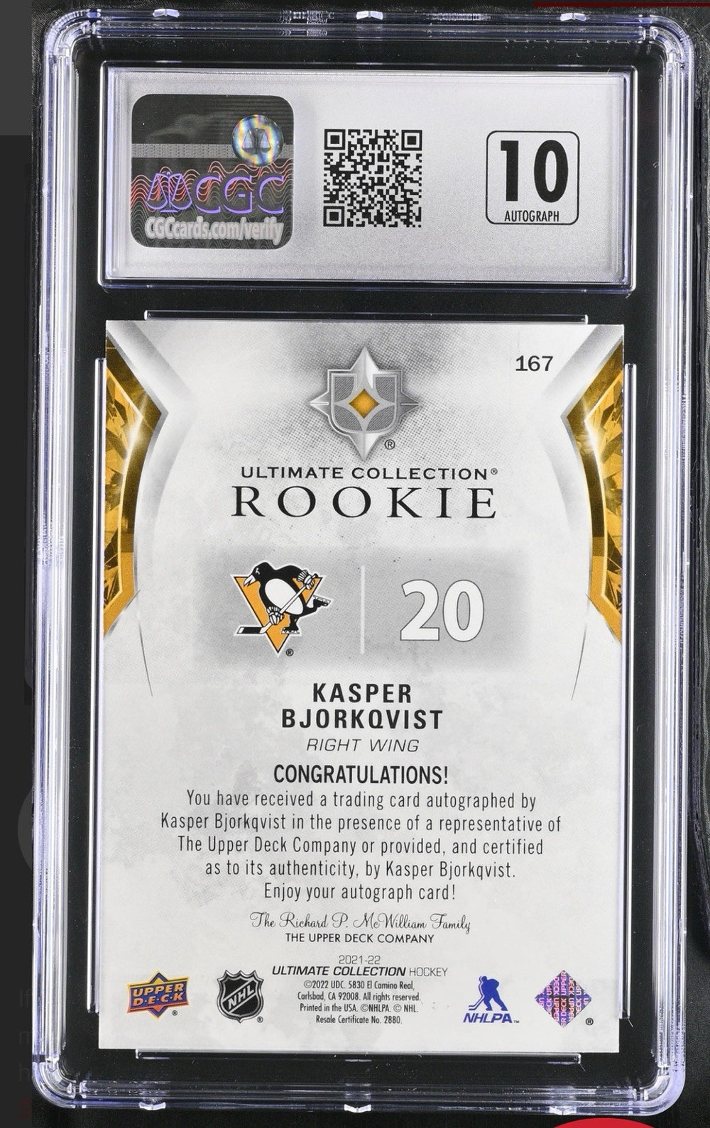 2021-22 UD Ultimate Collection Ultimate Rookies Kasper Bjorkqvist #167~AUTO 10💨