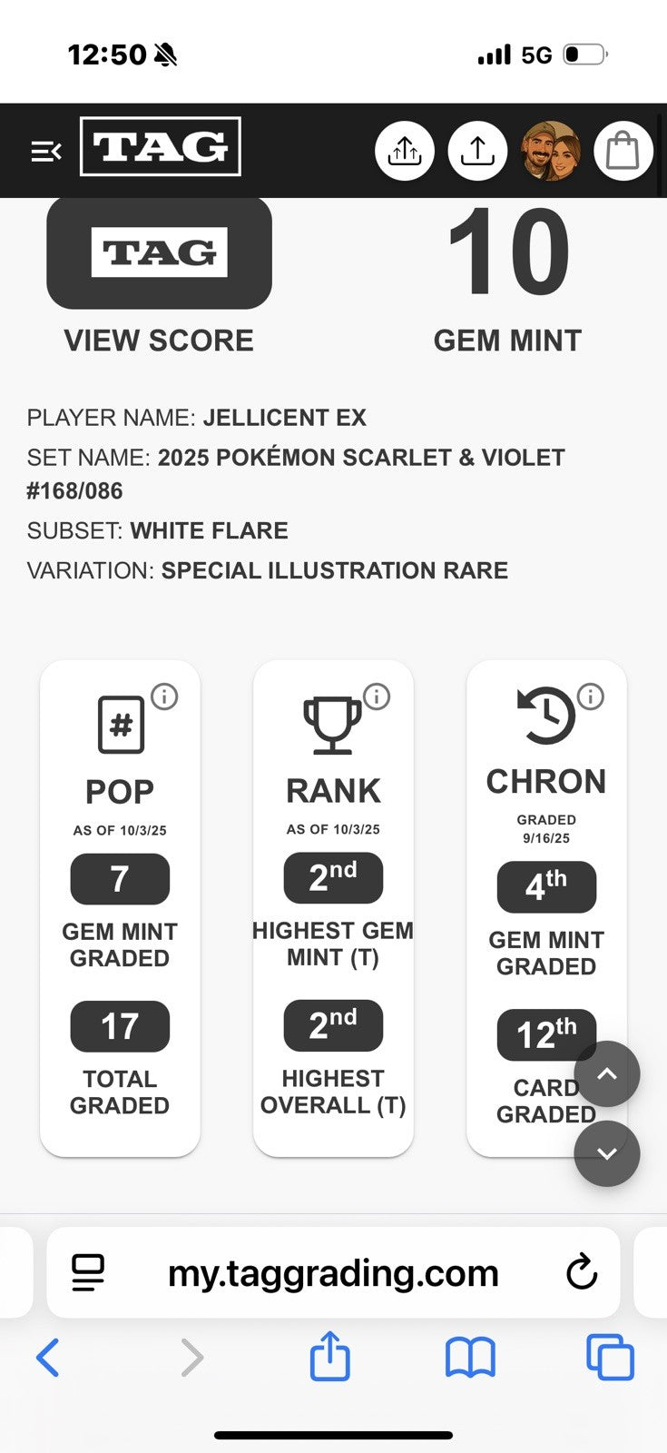 ‼️JELLICENT EX 2025 POKÉMON SCARLET & VIOLET WHITE FLARE #168/086 TAG GRADE 10💨