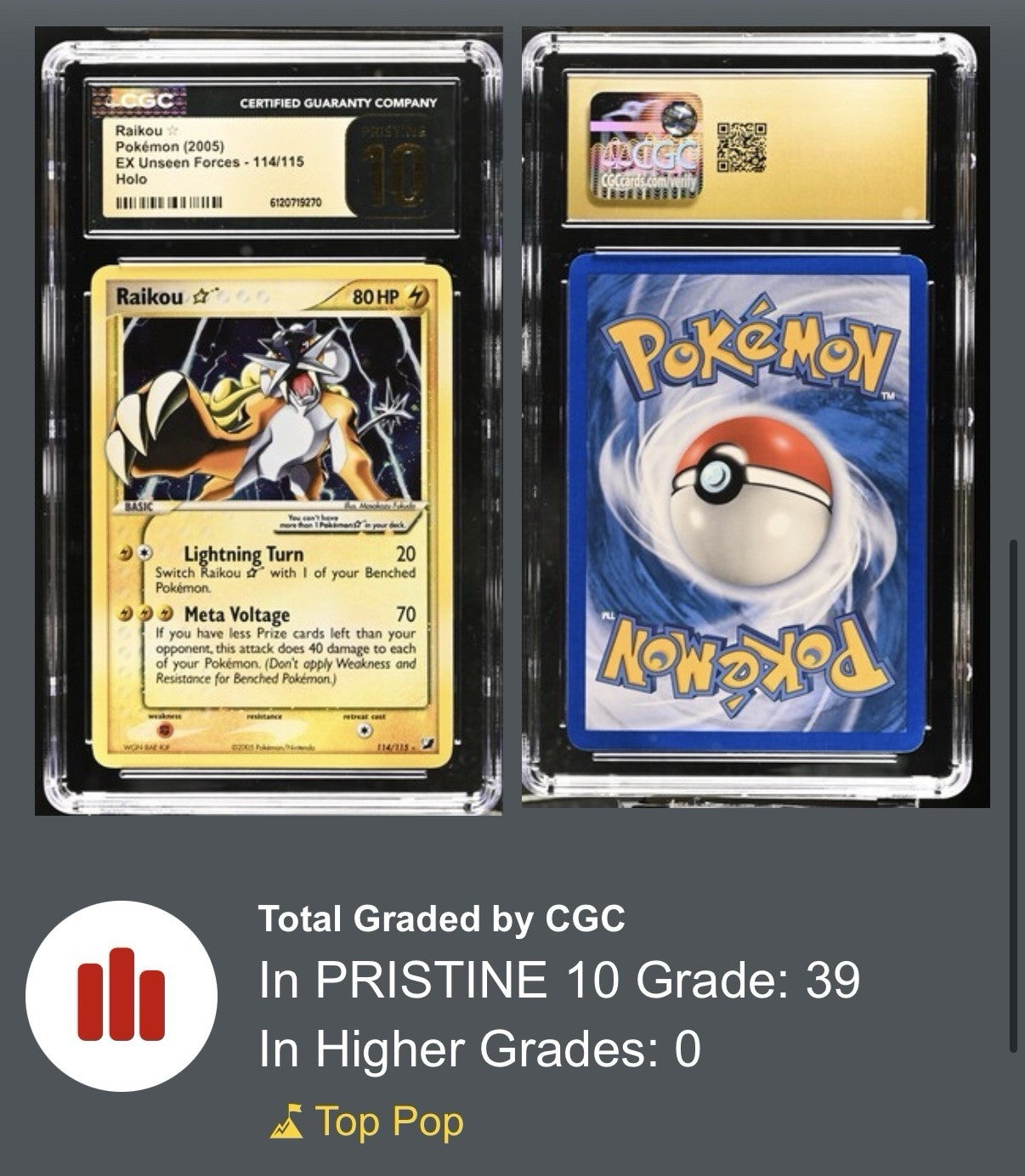 🌟Raikou EX Unseen Forces 114~Pokemon GOLD STAR PRISTINE 10 GOLD LABEL TOP POP💨