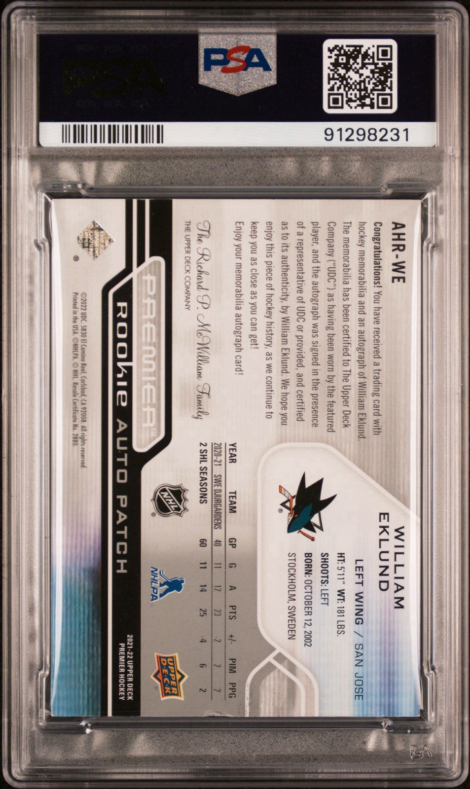 ‼️2021 UD PREMIER WILLIAM EKLUND HOR ACETATE ROOKIE AUTO PSA 6~SHOOT OFFER!💨