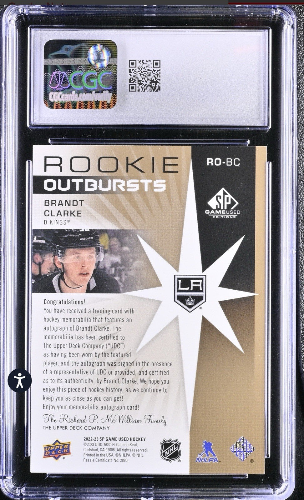 ‼️2022-23 UD SP Game Used - Rookie Outbursts Brandt Clarke Auto Jersey GRADED💨