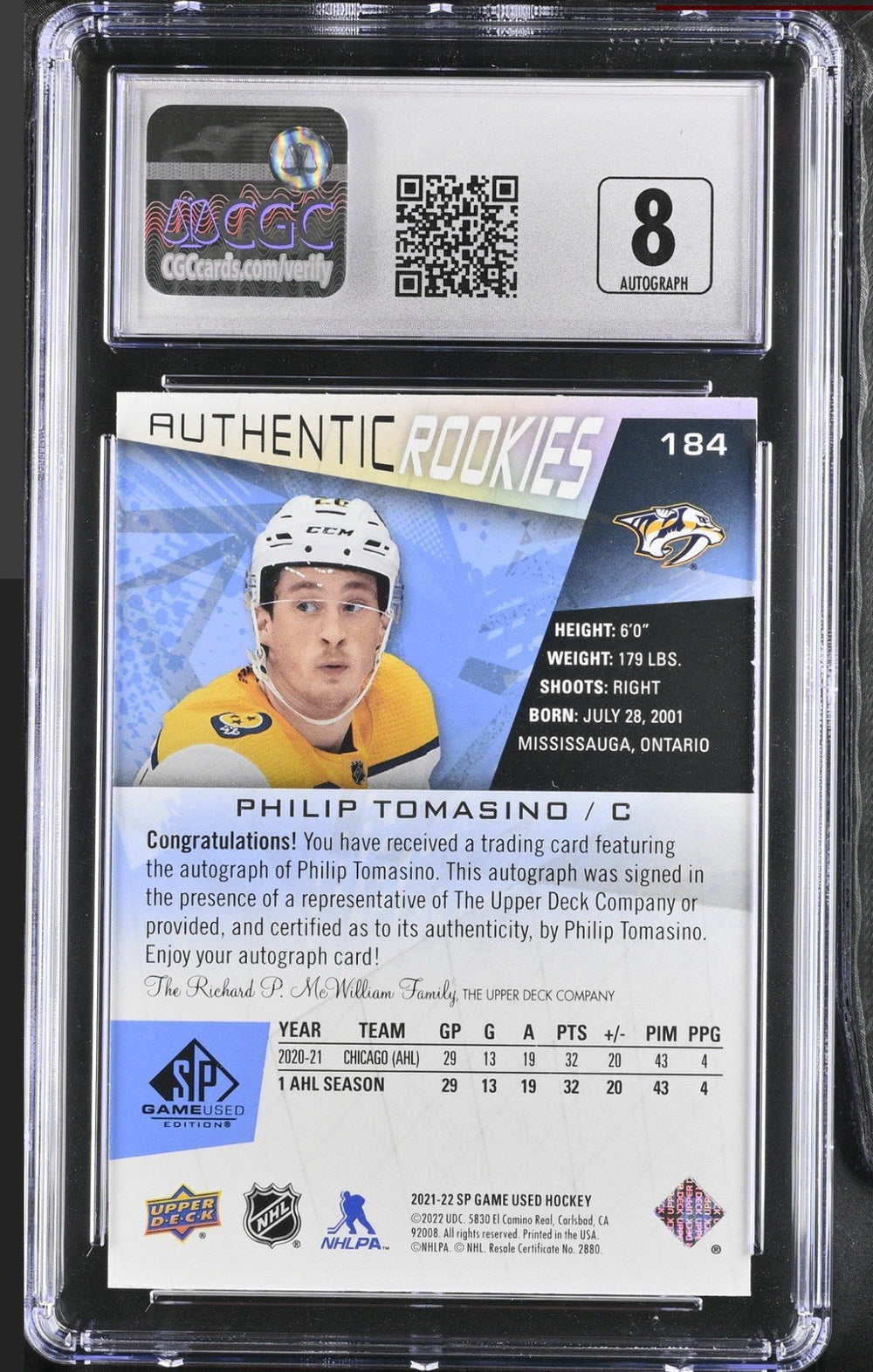 ‼️2021-22 Upper Deck Game Used-Rookies Philip Tomasino #184 GRADE 9💨POP 1 AUTO