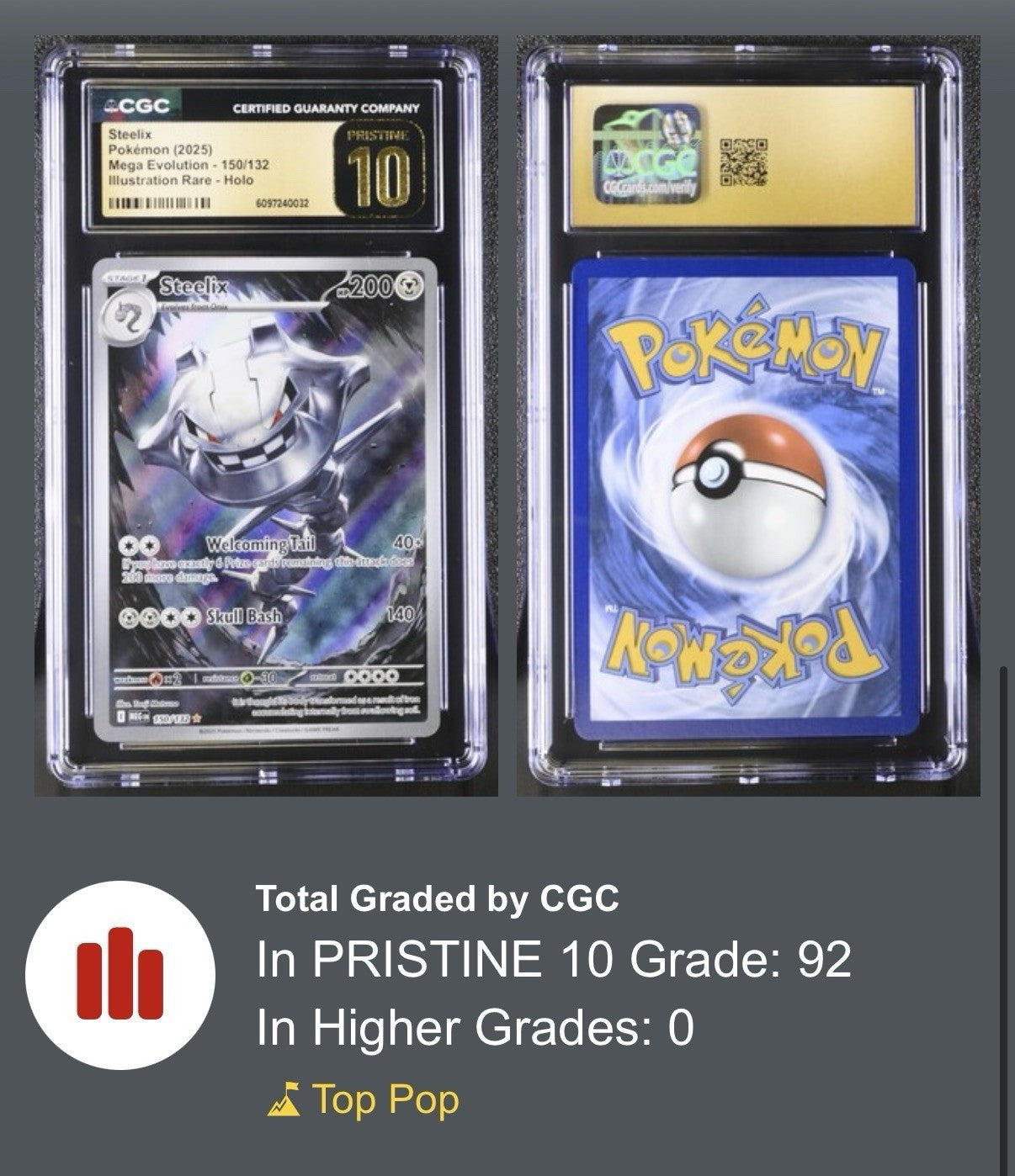 ‼️Steelix 150/132: Mega Evolution Holo GRADE 10 PRISTINE GOLD LABEL TOP POP!💨