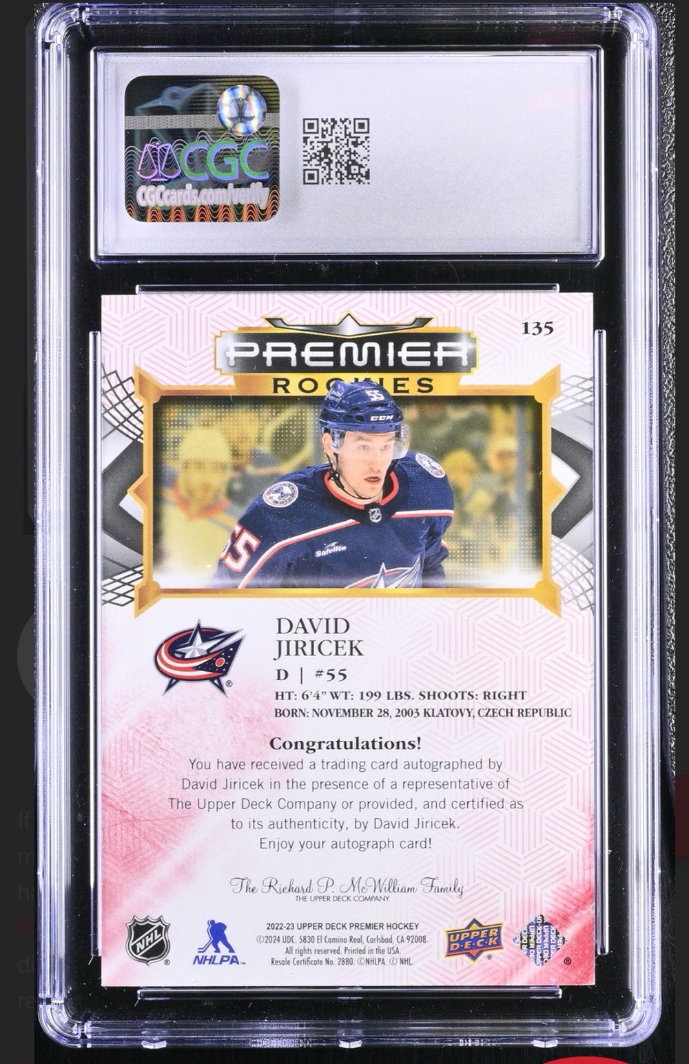 ‼️2022-23 Upper Deck Premier - Rookies David Jiricek #135 Gold Auto 10~POP 1!💨